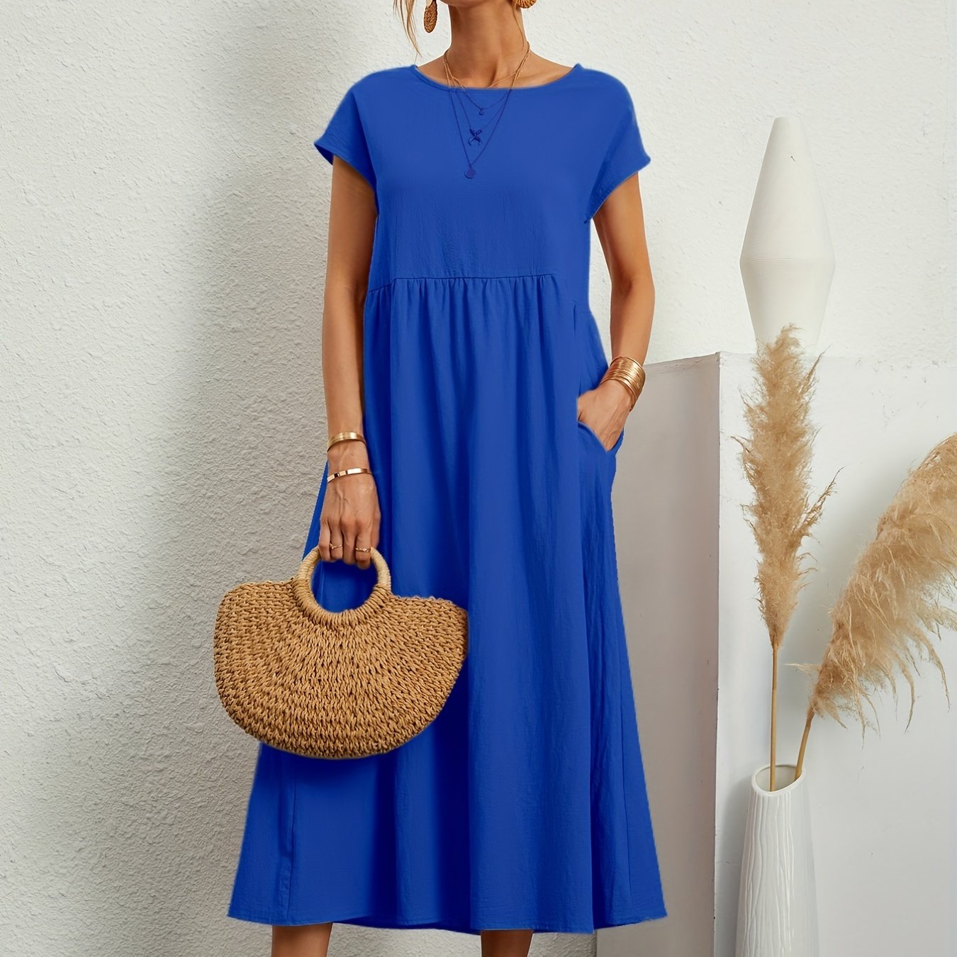 Sixsr Loose Pocket Solid Dress, Casual Short Sleeve Crew Neck Waist Summer Dress, Women's Clothing
