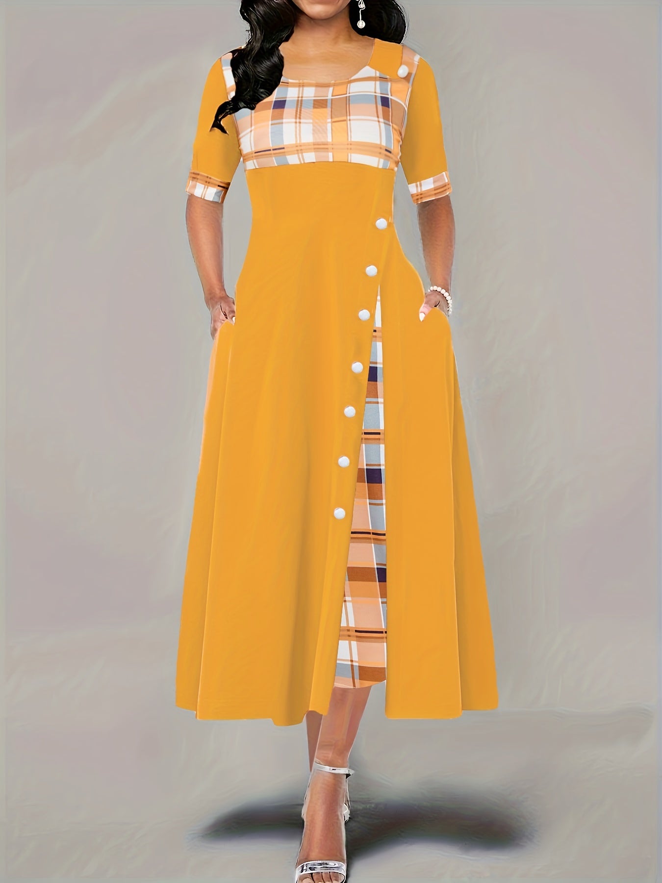 Sixsr Plus Size Casual Dress, Women's Plus Plaid Print Button Decor Short Sleeve Dress With Pockets