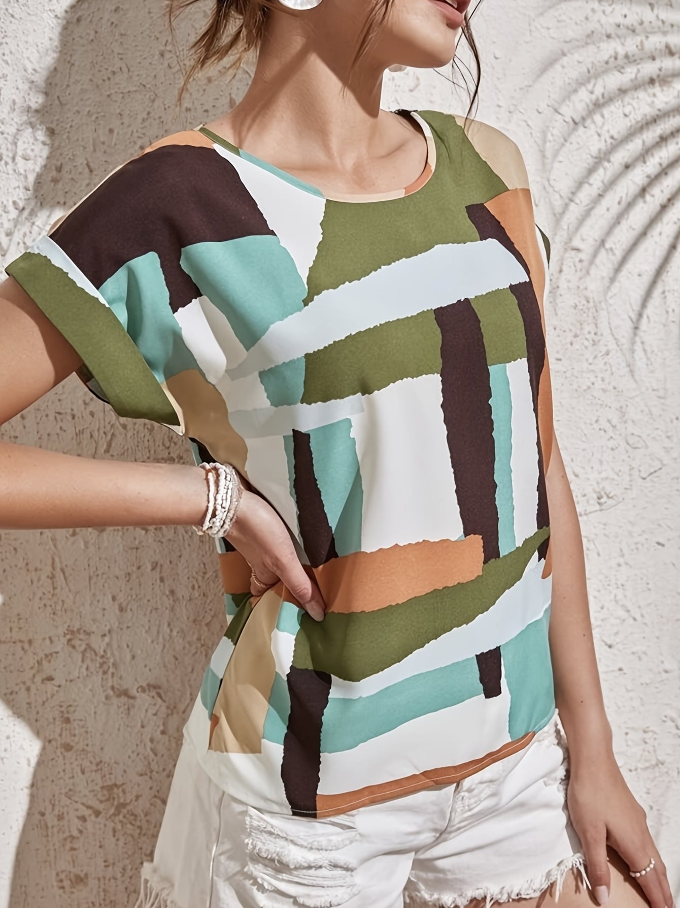 Sixsr Abstract Print Blouse, Casual Crew Neck Short Sleeve Blouse, Women's Clothing