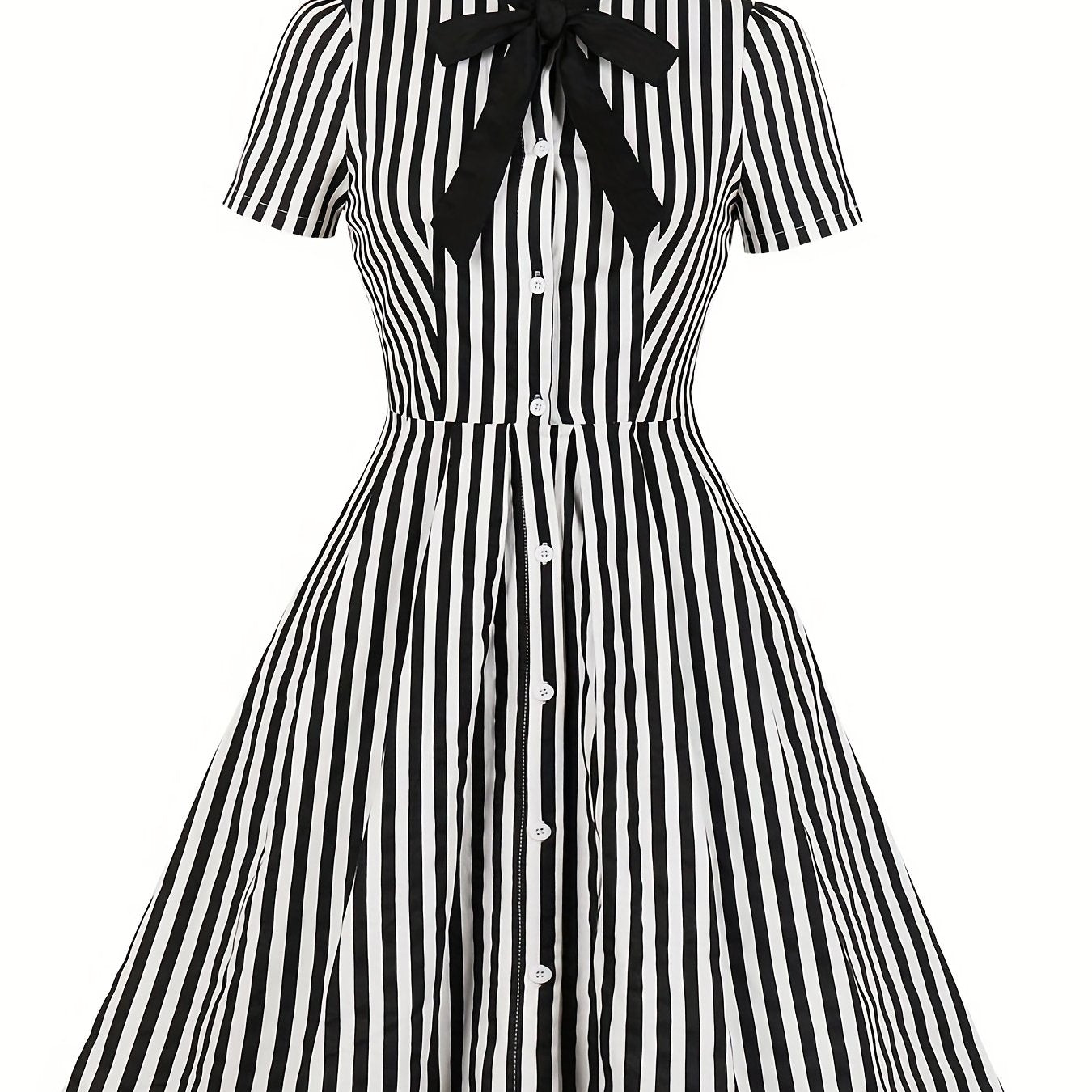 Women's Plus Size Preppy Dress - Stylish Stripe Print Button Up A-line Dress with Boe Knot and Slight Stretch