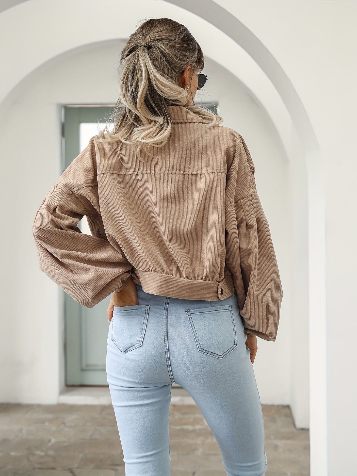 Sixsr Solid Lantern Sleeve Crop Jacket, Casual Button Front Drop Shoulder Jacket, Women's Clothing