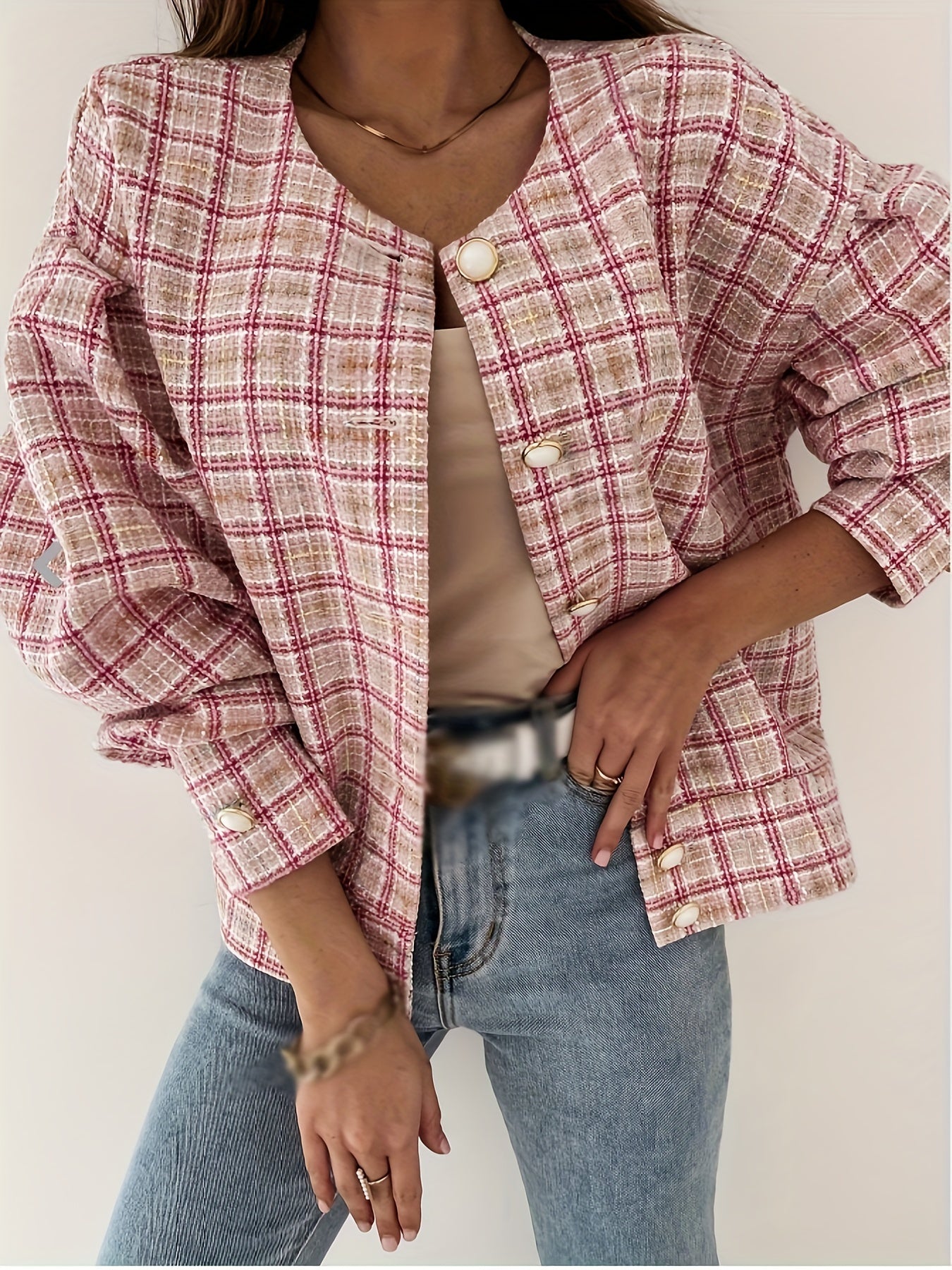 Sixsr Plaid Print Simple Jacket, Casual Button Front Long Sleeve Outerwear, Women's Clothing
