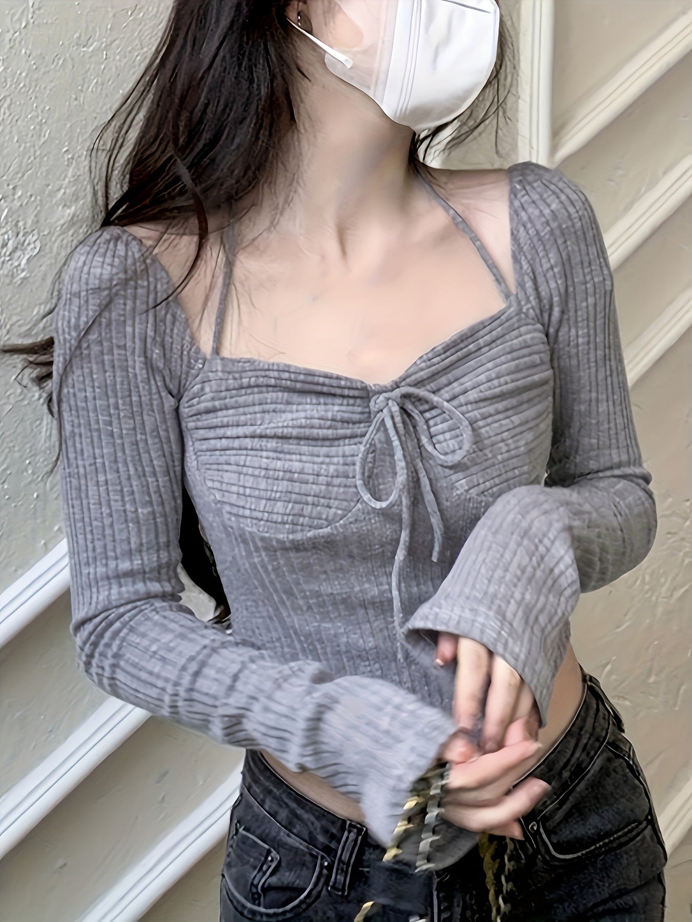 Sixsr Curved Hem Tie Front T-Shirt, Elegant Square Neck Crop Solid T-Shirt For Spring & Fall, Women's Clothing