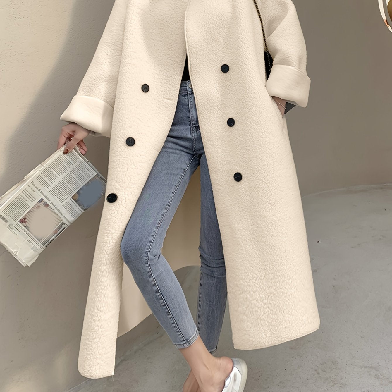 Sixsr Solid Double Breasted Belted Overcoat, Elegant Long Sleeve Outwear For Fall & Winter, Women's Clothing
