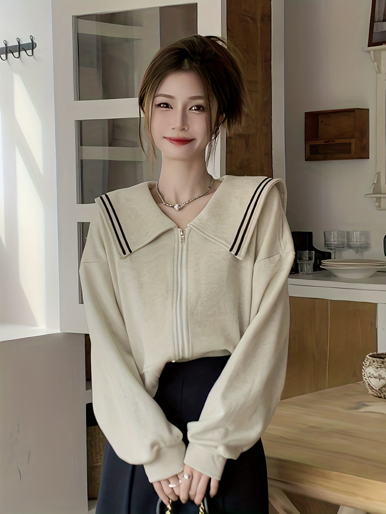 Sixsr Zip Up Turndown Collar Knit Cardigan, Casual Long Sleeve Loose Stylish Sweater, Women's Clothing