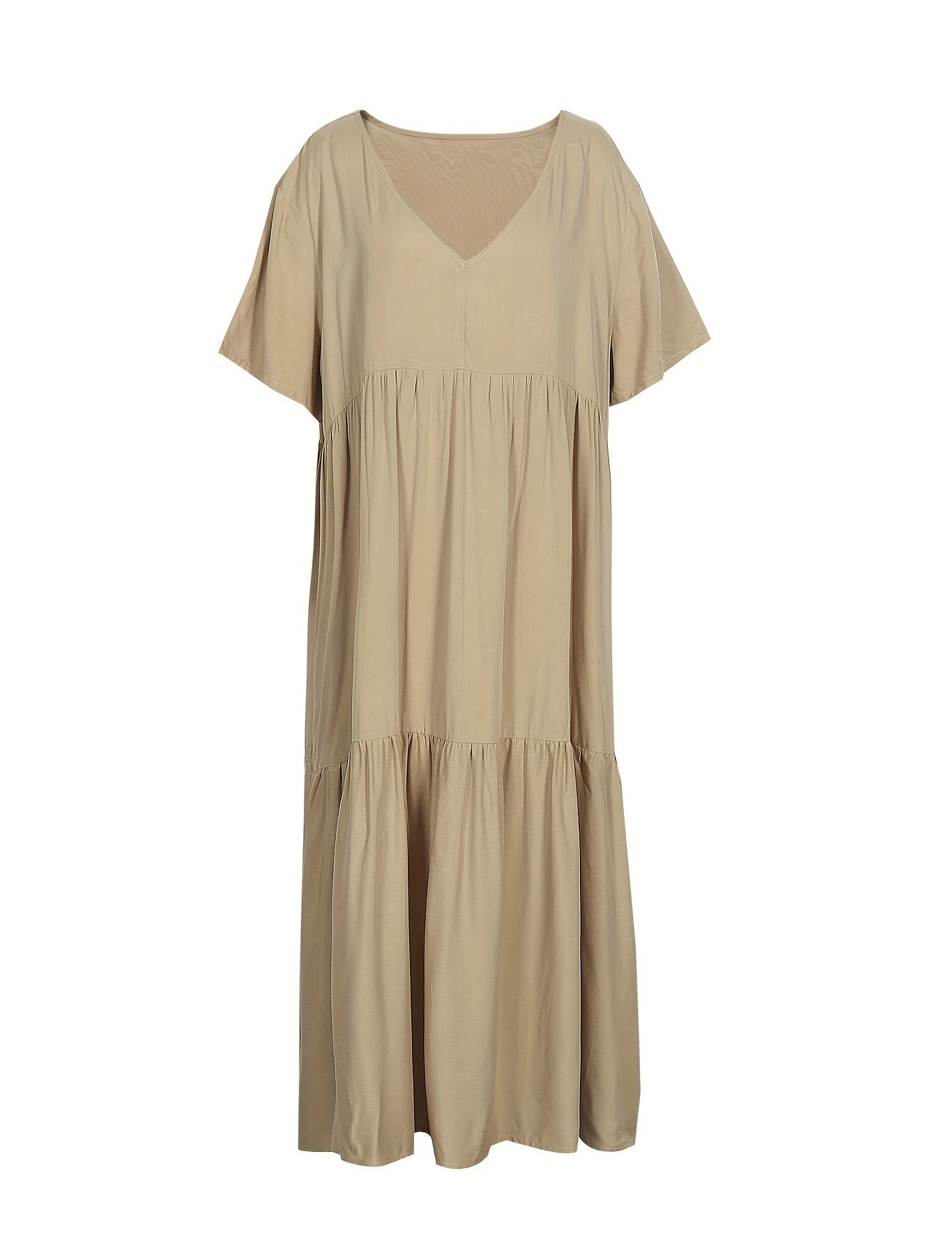Sixsr Plus Size Casual Dress, Women's Plus Solid V Neck Short Sleeve Ruffle Trim Smock Dress