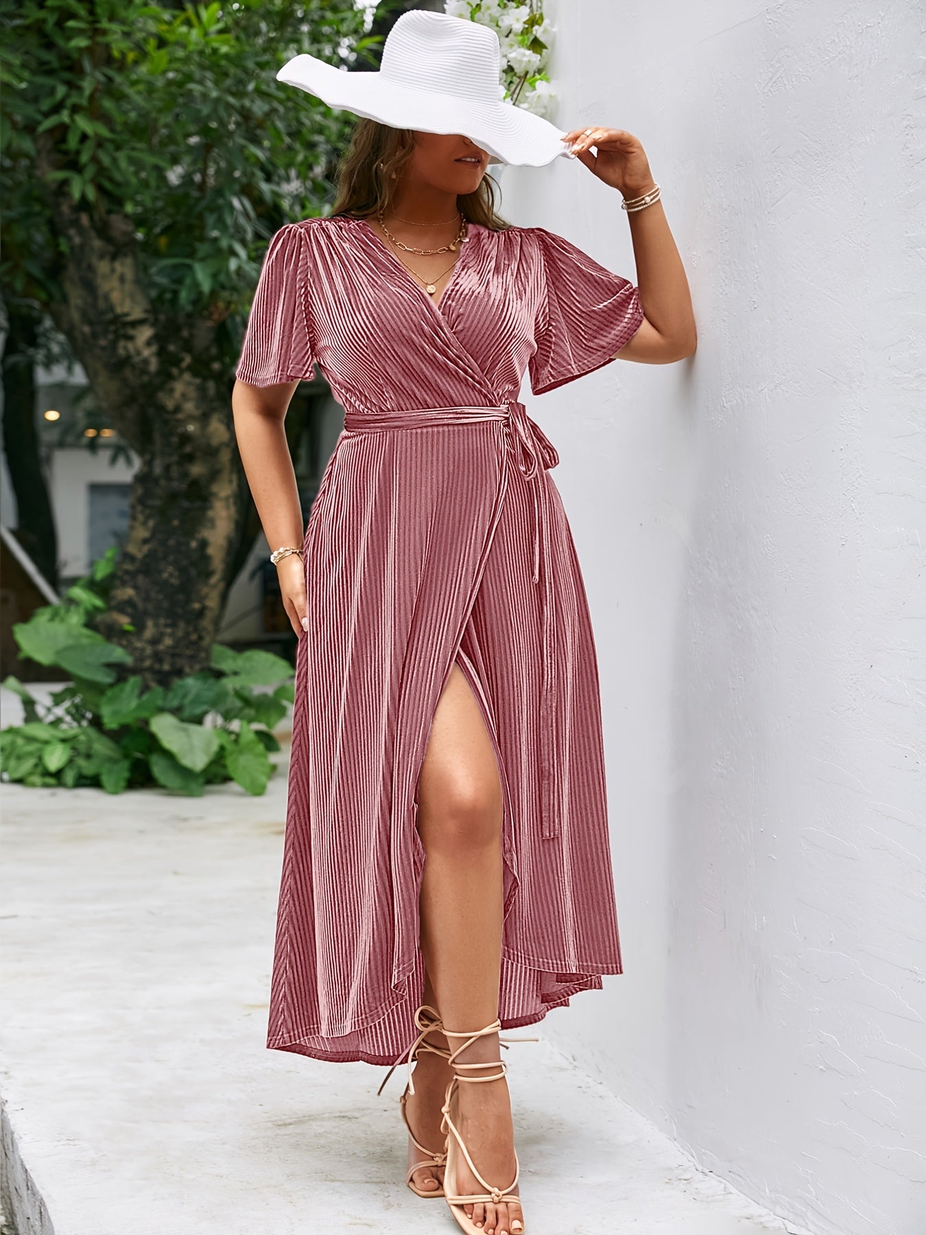 Sixsr Plus Size Velvet V Neck Short Sleeve High Split Maxi Dress, Women's Plus Medium Stretch Elegant Long Wrap Dress