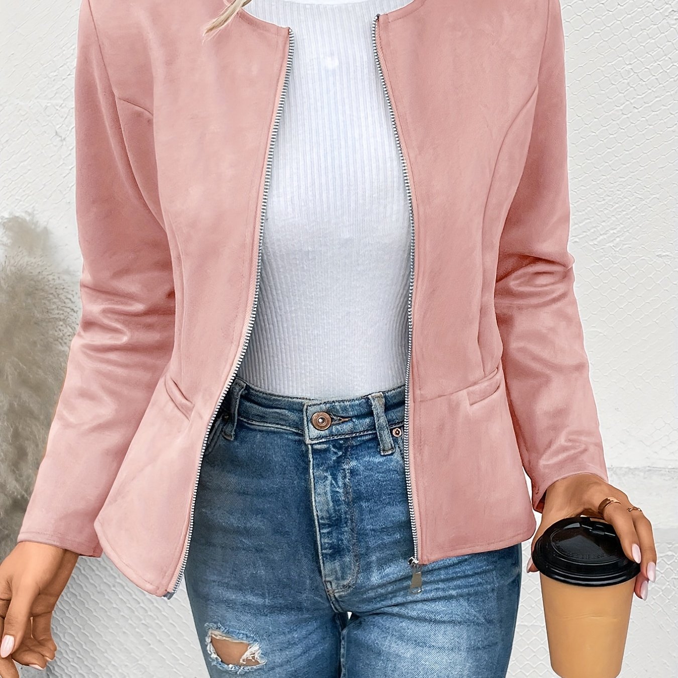 Sixsr Solid Zip Up Jacket, Casual Long Sleeve Crew Neck Outerwear For Spring & Fall, Women's Clothing