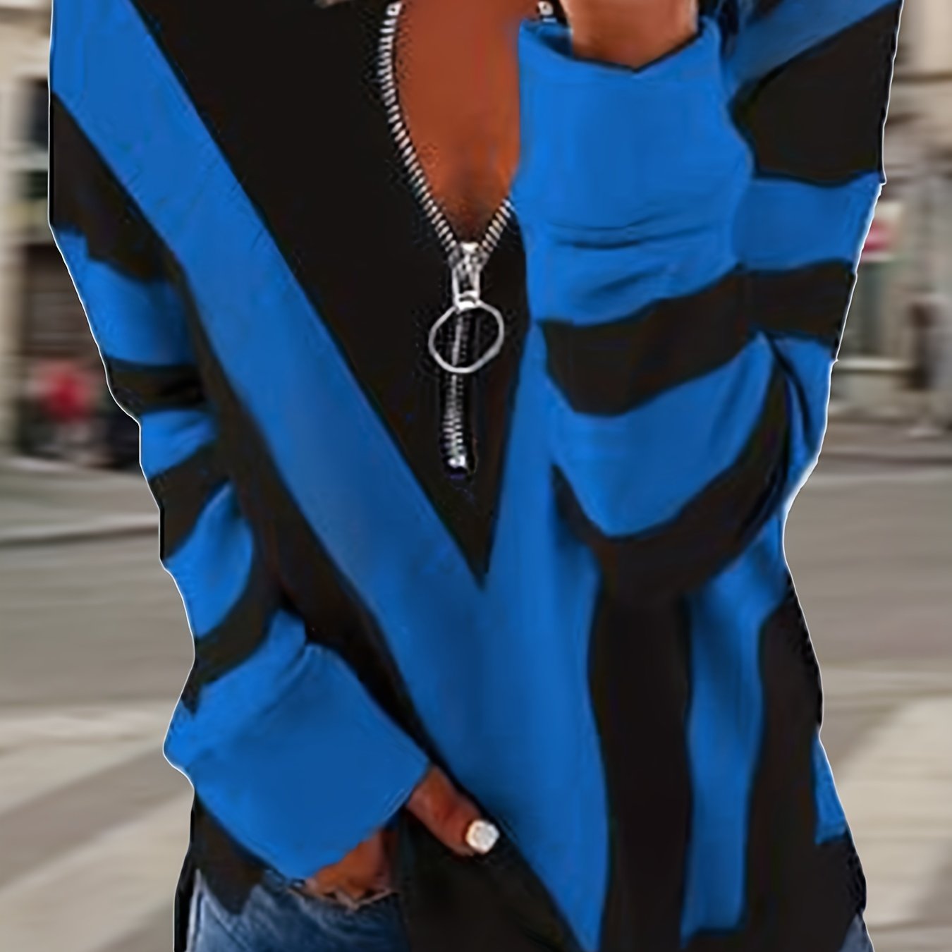 Sixsr Plus Size Casual Top, Women's Plus Colorblock Stripe Print Zipper Long Sleeve Round Neck Slight Stretch Top