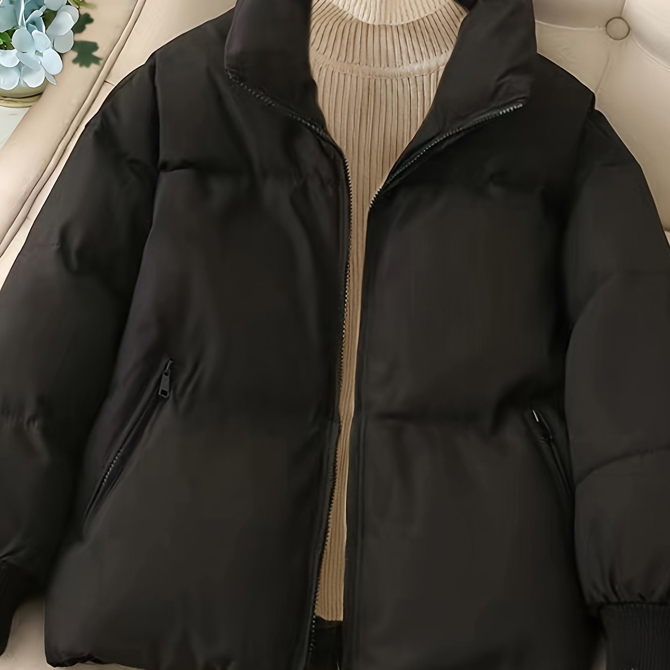 Sixsr Solid Zip Front Coat, Casual Stand Collar Long Sleeve Fall & Winter Warm Outerwear, Women's Clothing