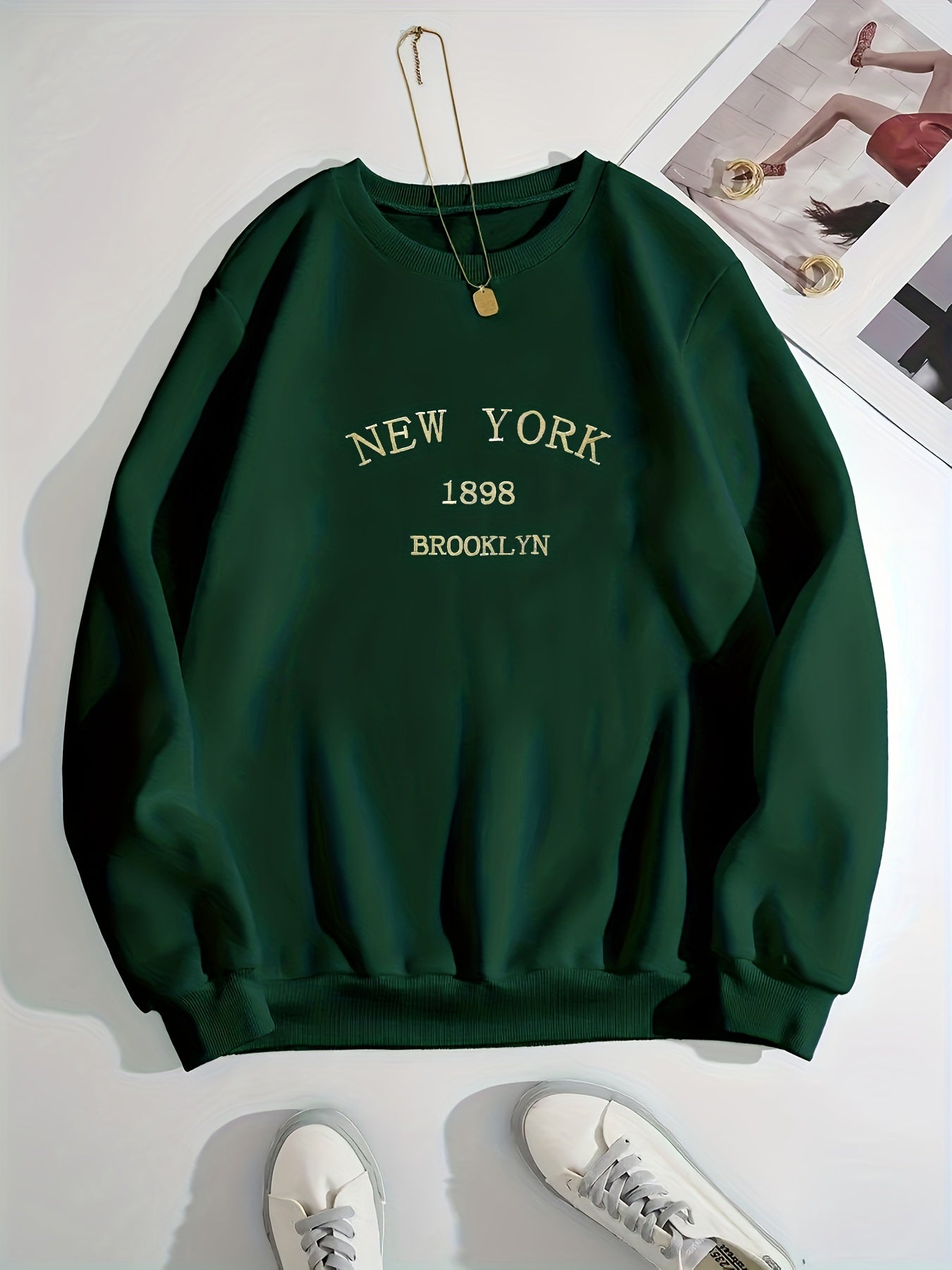 Sixsr New York Brooklyn Print Loose Sweatshirt, Casual Long Sleeve Crew Neck Sweatshirt, Women's Clothing
