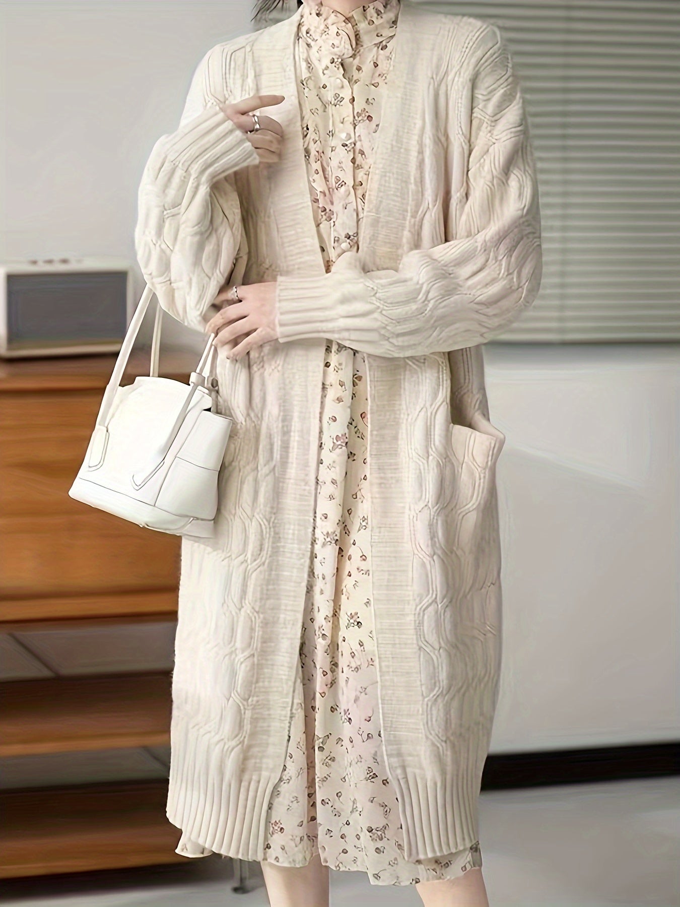 Sixsr Solid Open Front Cable Knit Cardigan, Casual Long Sleeve Warm Sweater Coat With Pocket, Women's Clothing