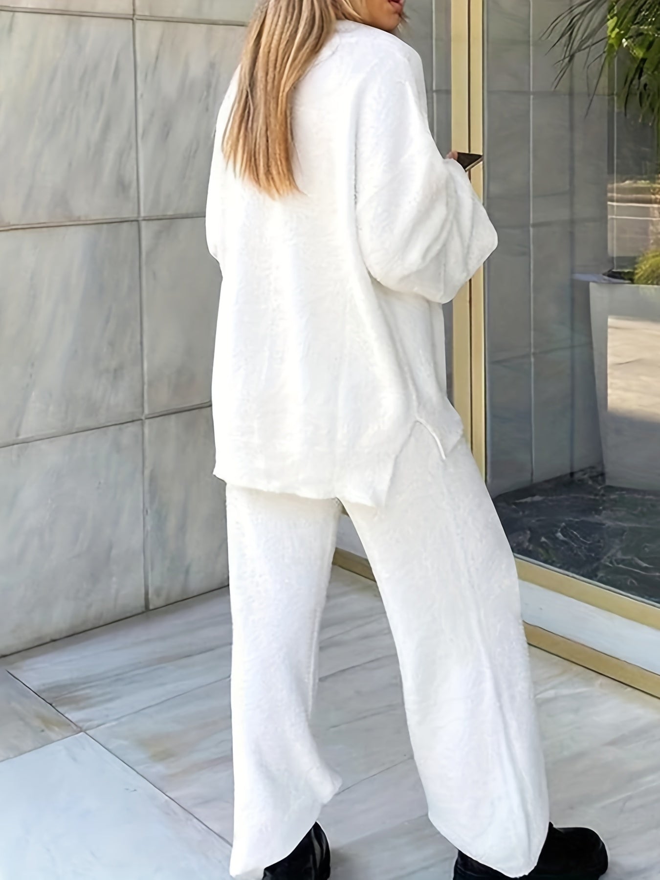 Sixsr Solid Fuzzy Two-piece Set, V Neck Long Sleeve Top & Wide Leg Pants Outfits, Women's Clothing