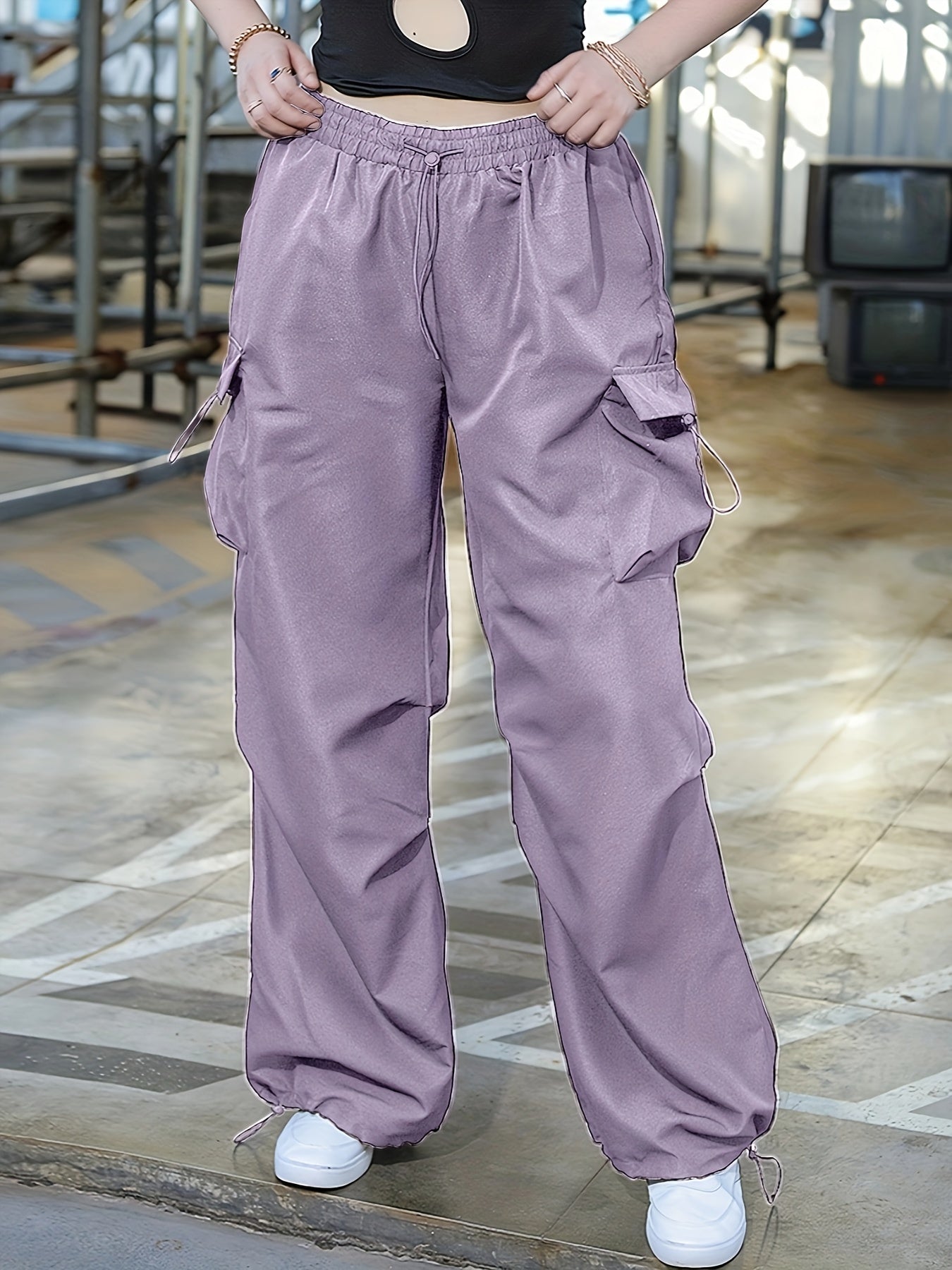 Sixsr Plus Size Casual Pants, Women's Plus Solid Elastic Drawstring High Rise Loose Parachute Cargo Pants With Pockets