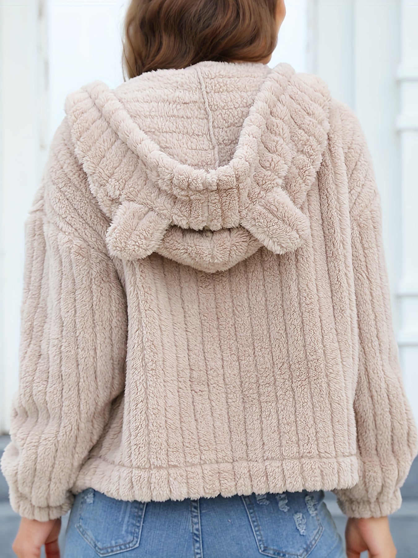 Sixsr Bear Ears Hooded Coat, Casual Zip Up Long Sleeve Warm Outerwear, Women's Clothing