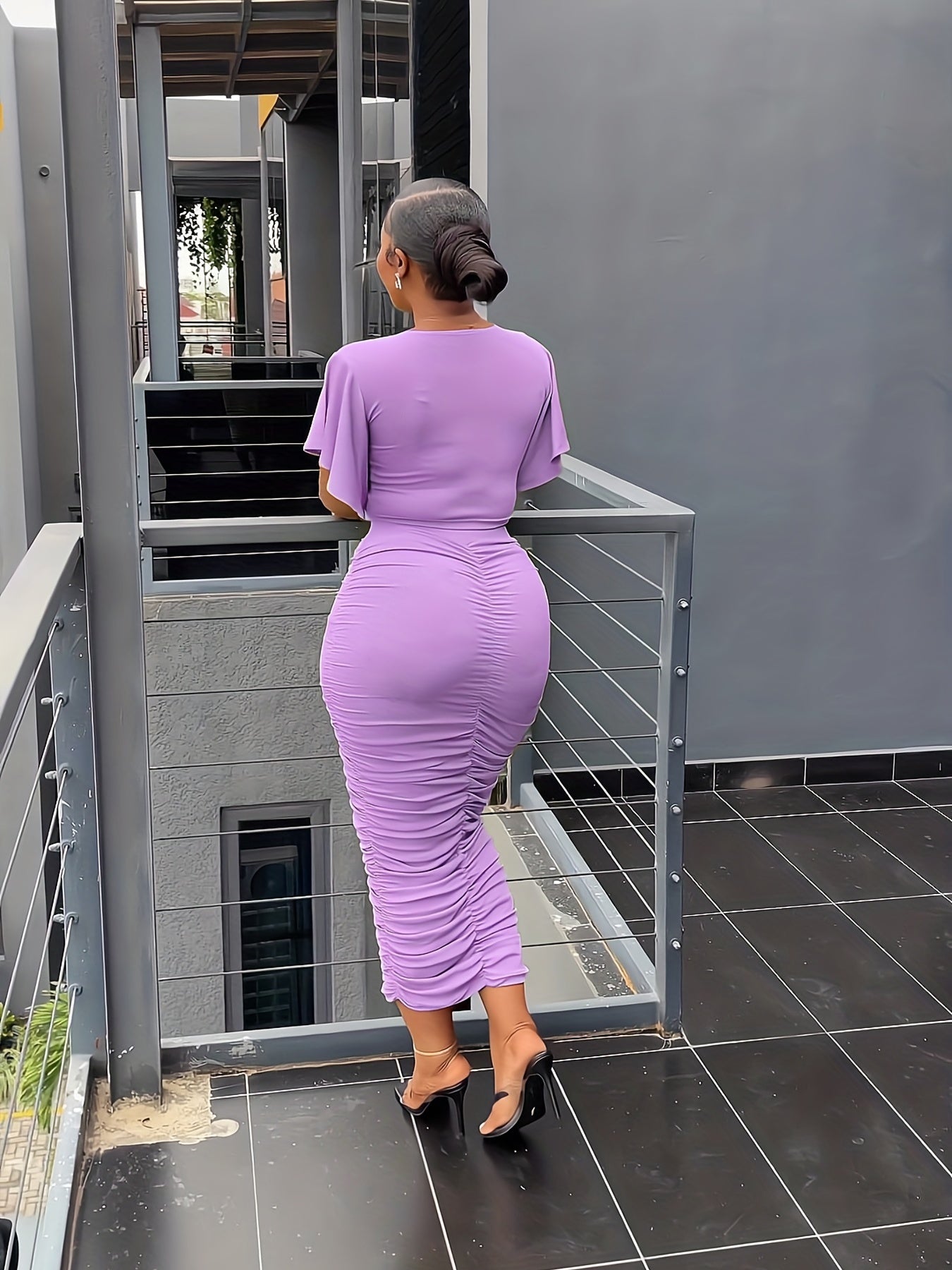 Sixsr T-shirt & Bodycon Skirts Solid Two-piece Set, Flared Sleeve Crop T-shirt & Ruched Midi Skirts, Women's Clothing