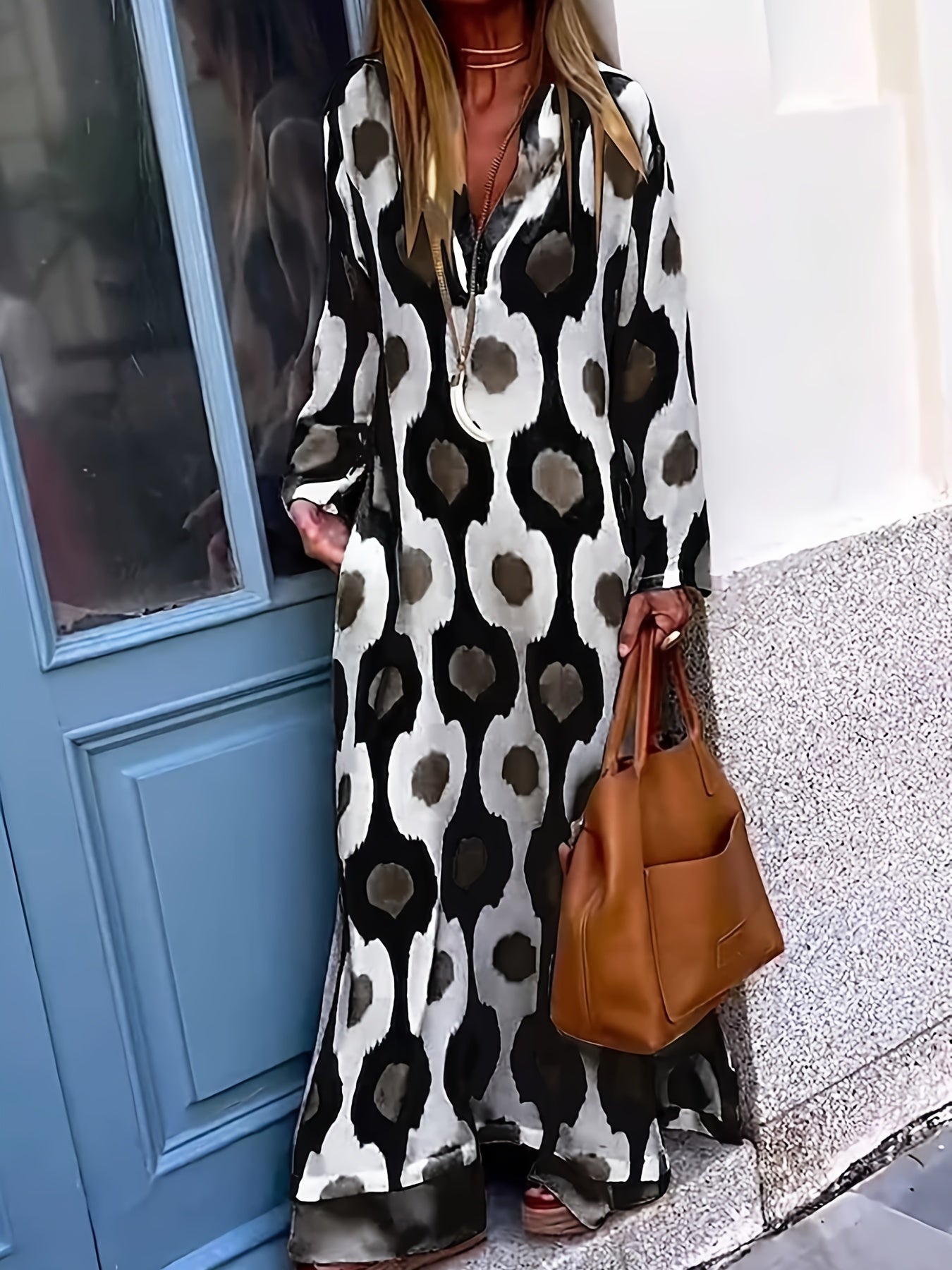 Sixsr Graphic Print Split Dress, Vintage V Neck Long Sleeve Maxi Dress, Women's Clothing
