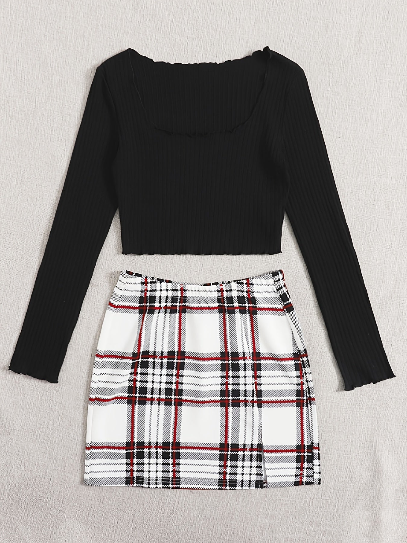 Sixsr Women's Stylish Two Piece Set, Solid Square Neck Crop Top & Plaid High Waist Mini Skirt, Women's Clothing