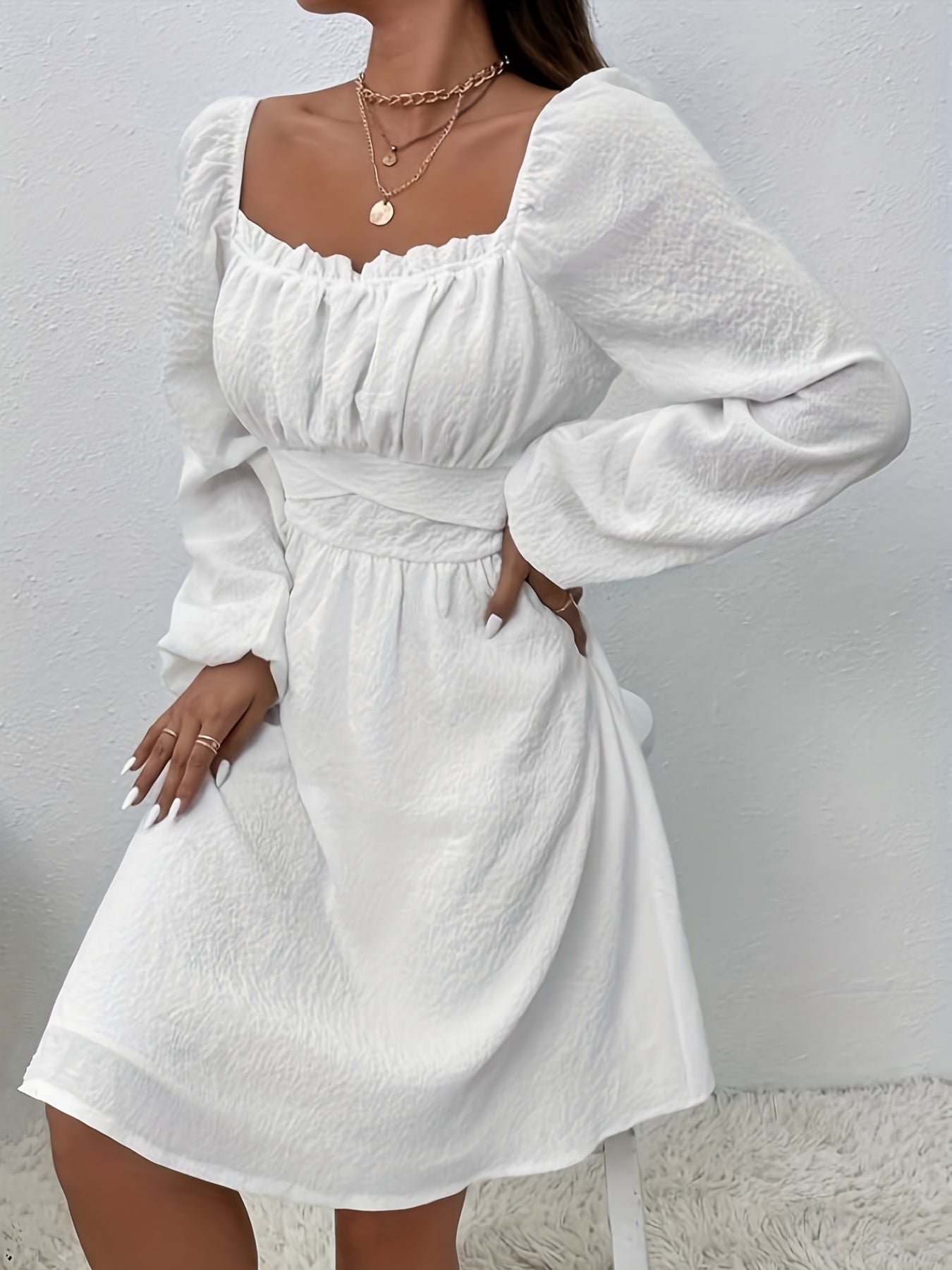 Sixsr Ruched Backless Dress, Elegant Long Sleeve Solid Dress, Women's Clothing