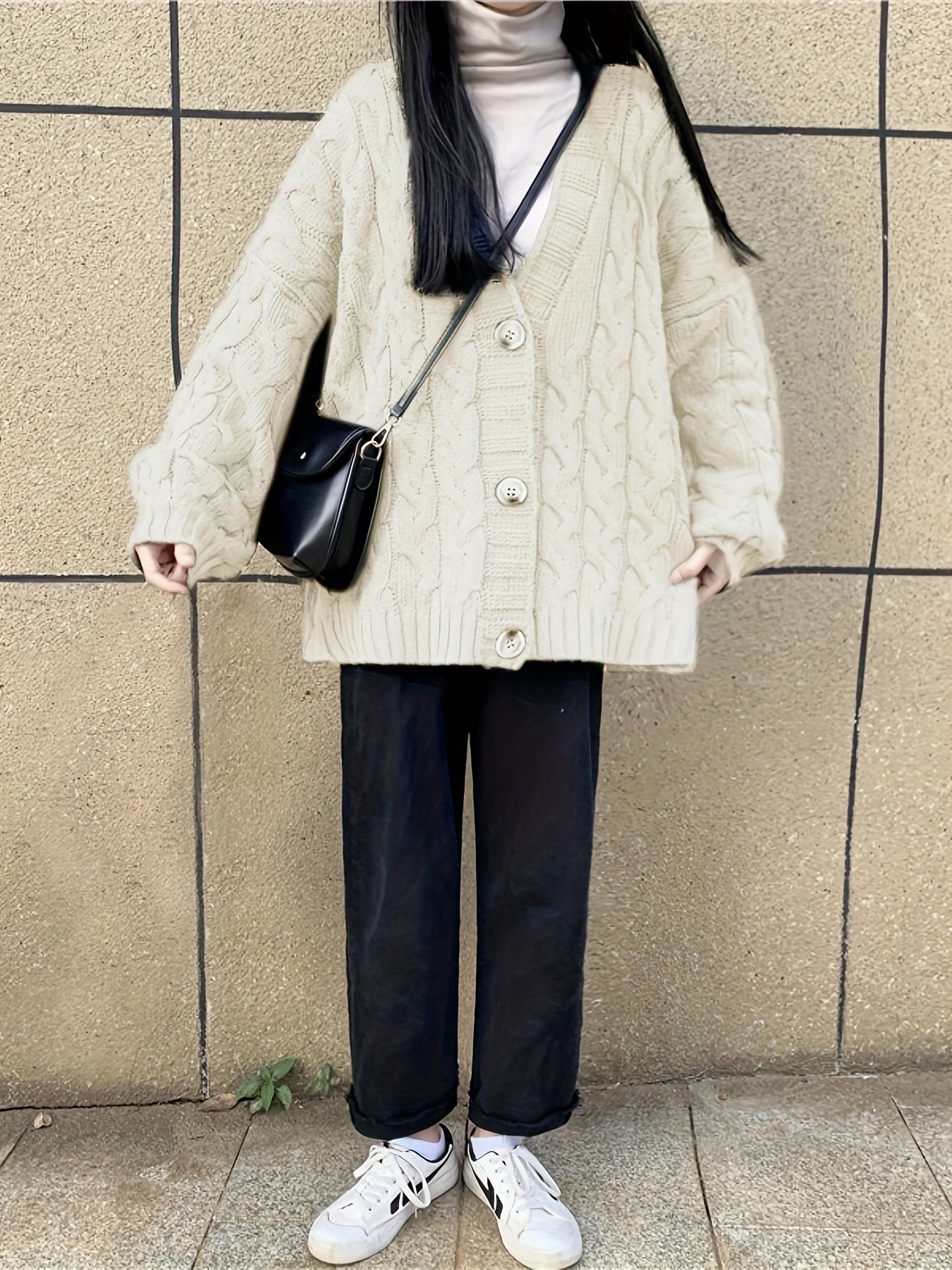 Sixsr Button Front Twist Knitted Cardigan Sweater, Casual V-neck Sweater For Fall & Winter, Women's Clothing