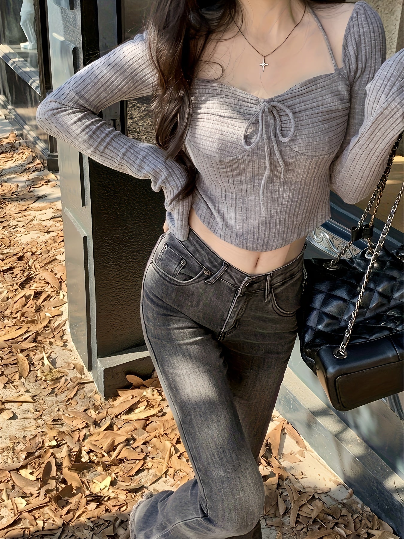 Sixsr Curved Hem Tie Front T-Shirt, Elegant Square Neck Crop Solid T-Shirt For Spring & Fall, Women's Clothing