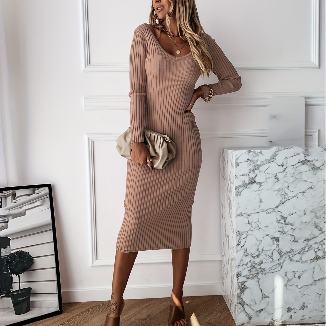 Sixsr Ribbed Simple Dress, Casual V Neck Long Sleeve Bodycon Dress, Women's Clothing