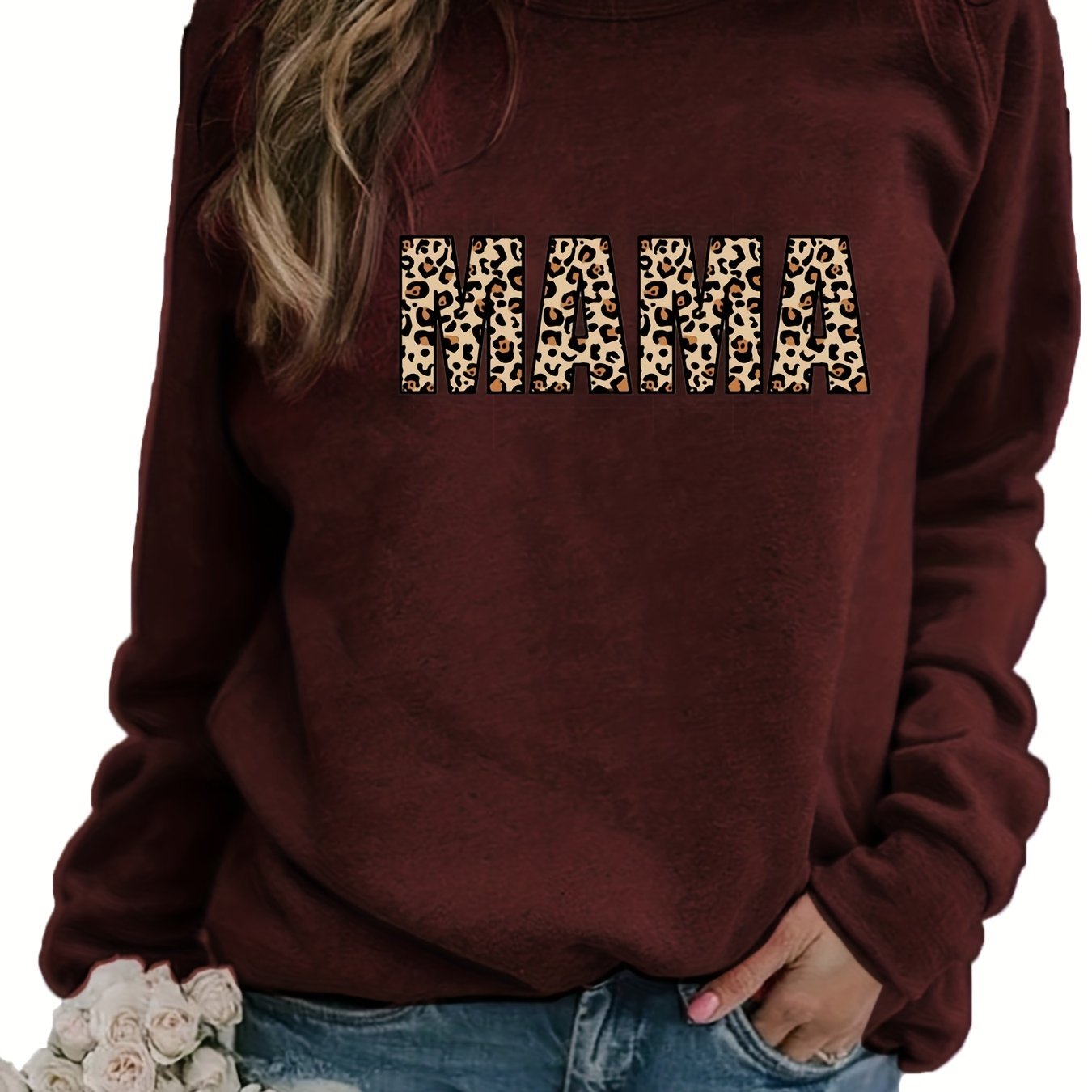 Sixsr Leopard Letter Print Pullover Sweatshirt, Casual Long Sleeve Crew Neck Sweatshirt For Fall & Winter, Women's Clothing