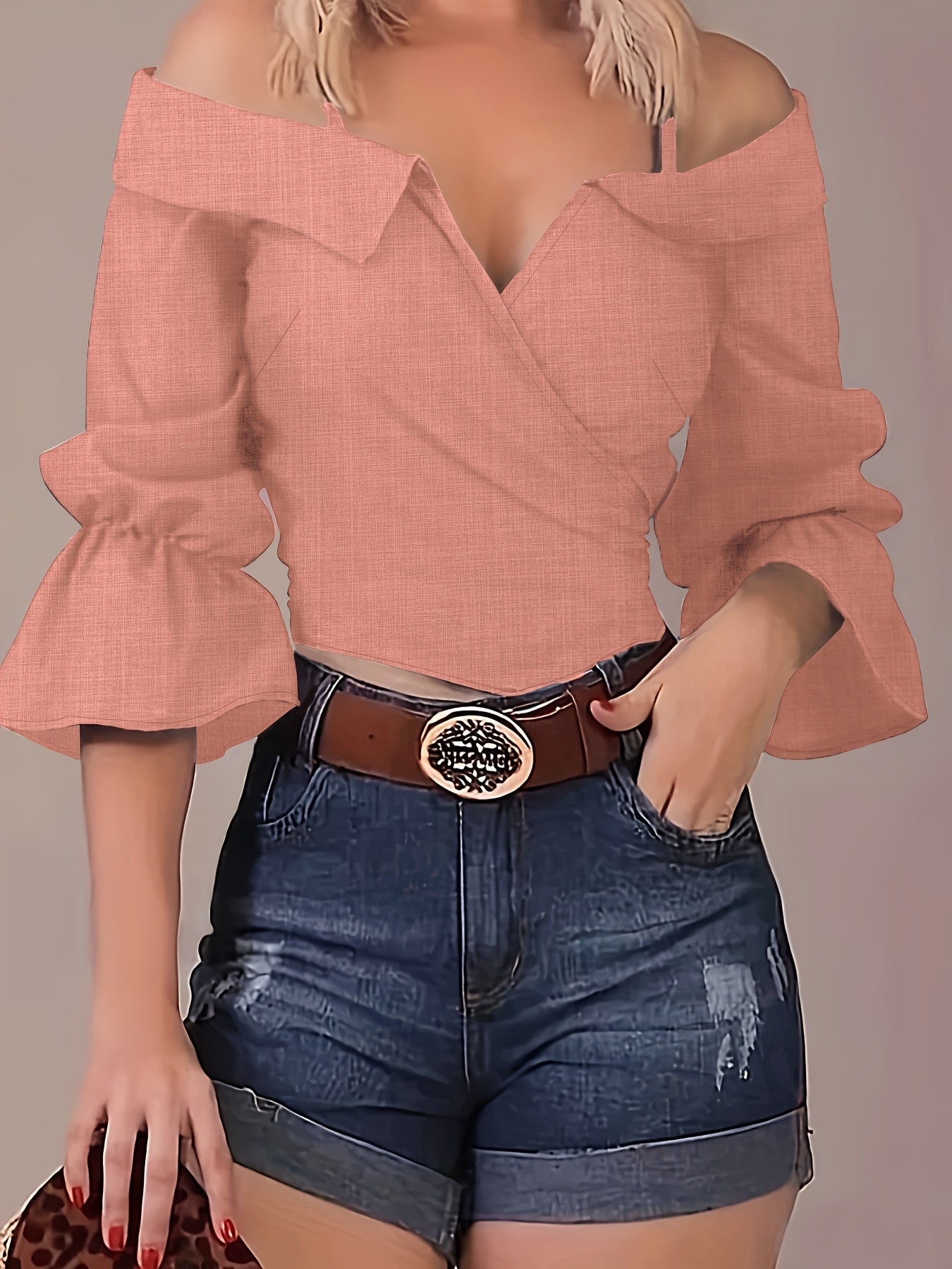 Sixsr Solid Spaghetti Strap Blouse, Casual Bell Sleeve Surplice Neck Blouse, Women's Clothing