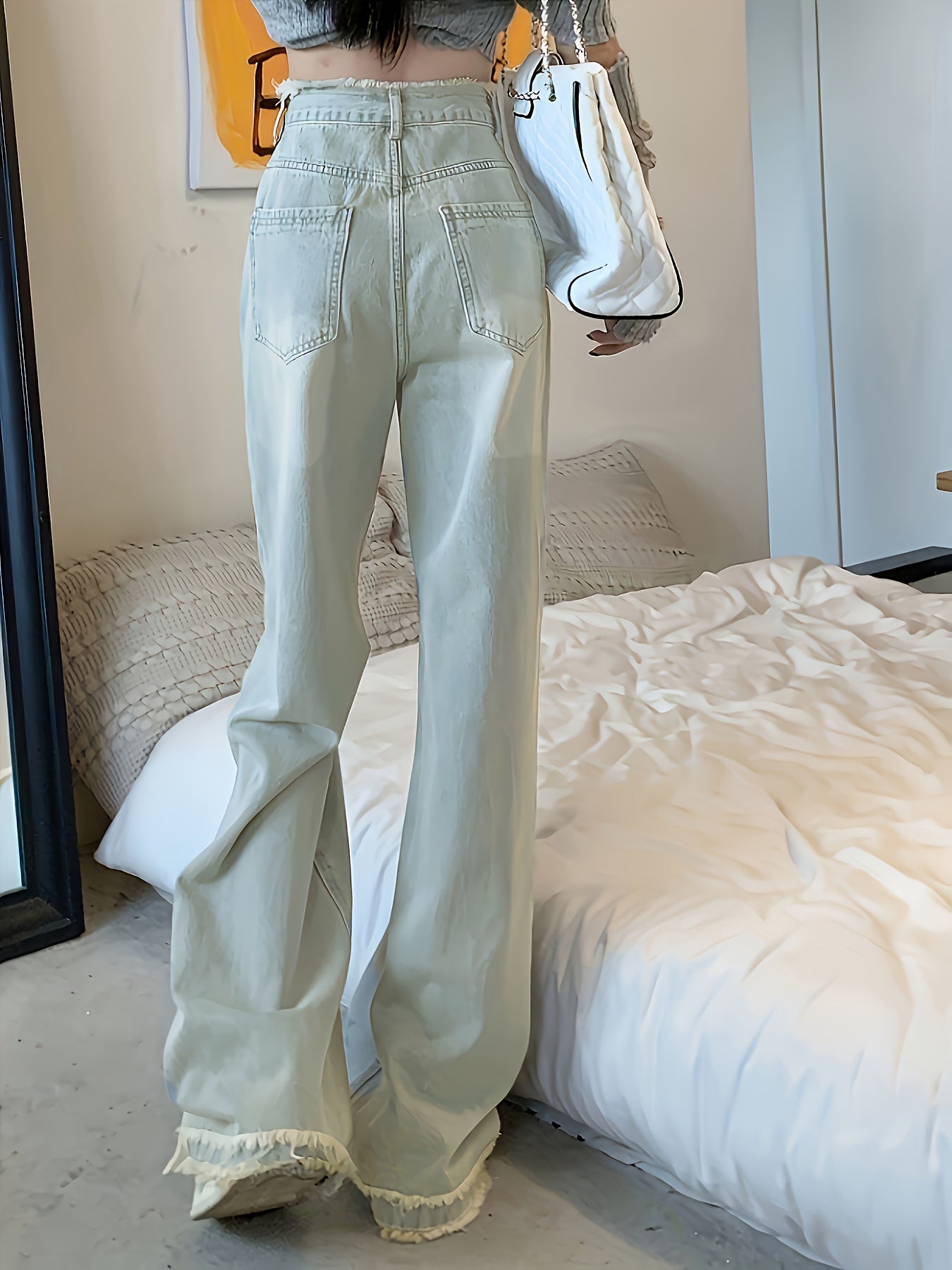 Sixsr High Waist Chic Baggy Jeans, Frayed Hem Loose Fit Slant Pockets Denim Pants, Women's Denim Jeans & Clothing