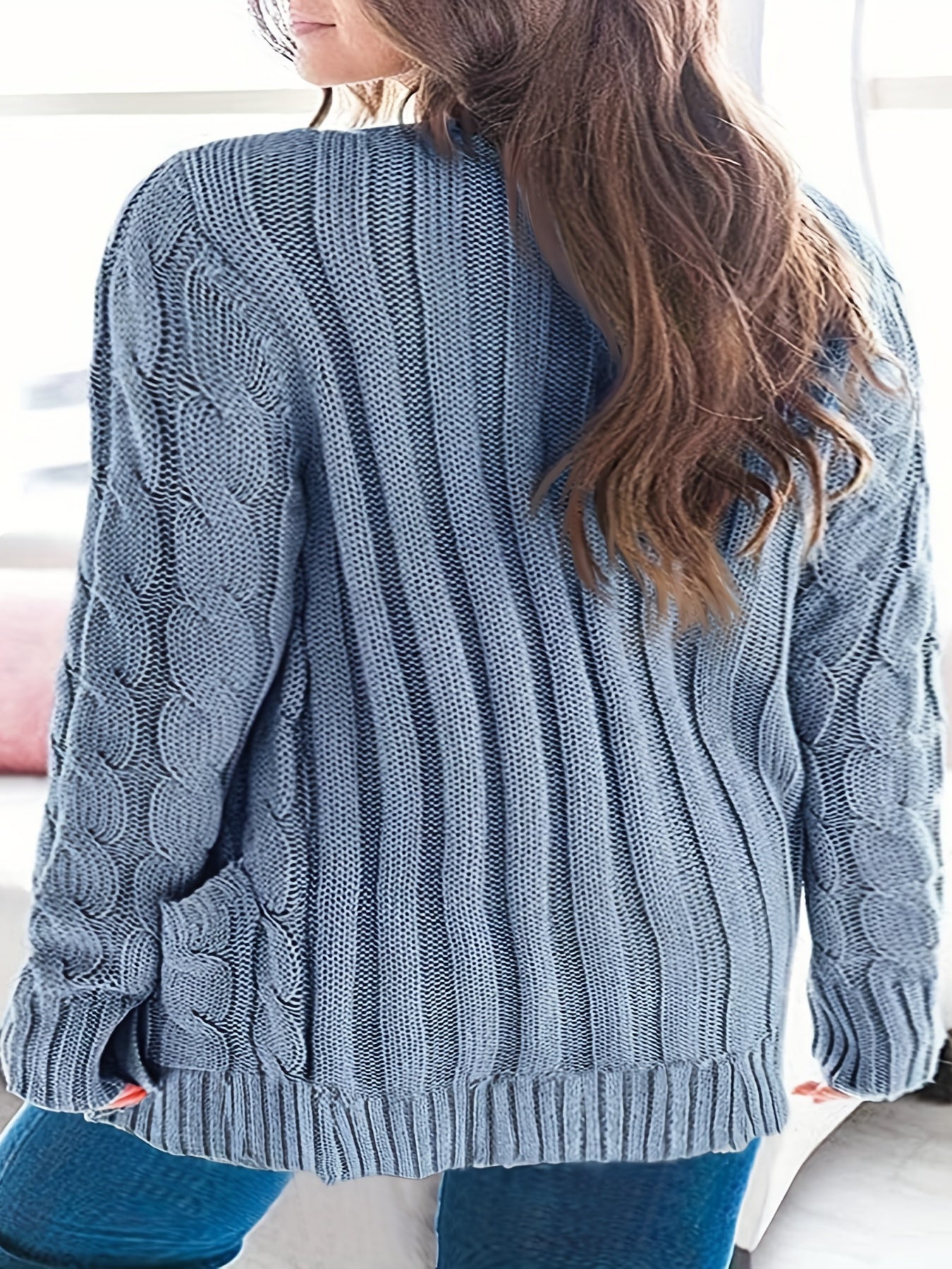 Sixsr Plus Size Casual Sweater, Women's Plus Solid Cable Button Up Long Sleeve Slight Stretch Cardigan With Pockets