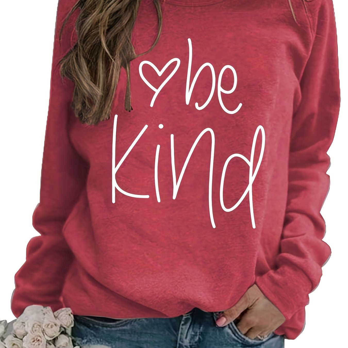 Sixsr Be Kind Letter Print Sweatshirt, Long Sleeve Crew Neck Pullover Sweatshirt, Casual Tops For Fall & Winter, Women's Clothing