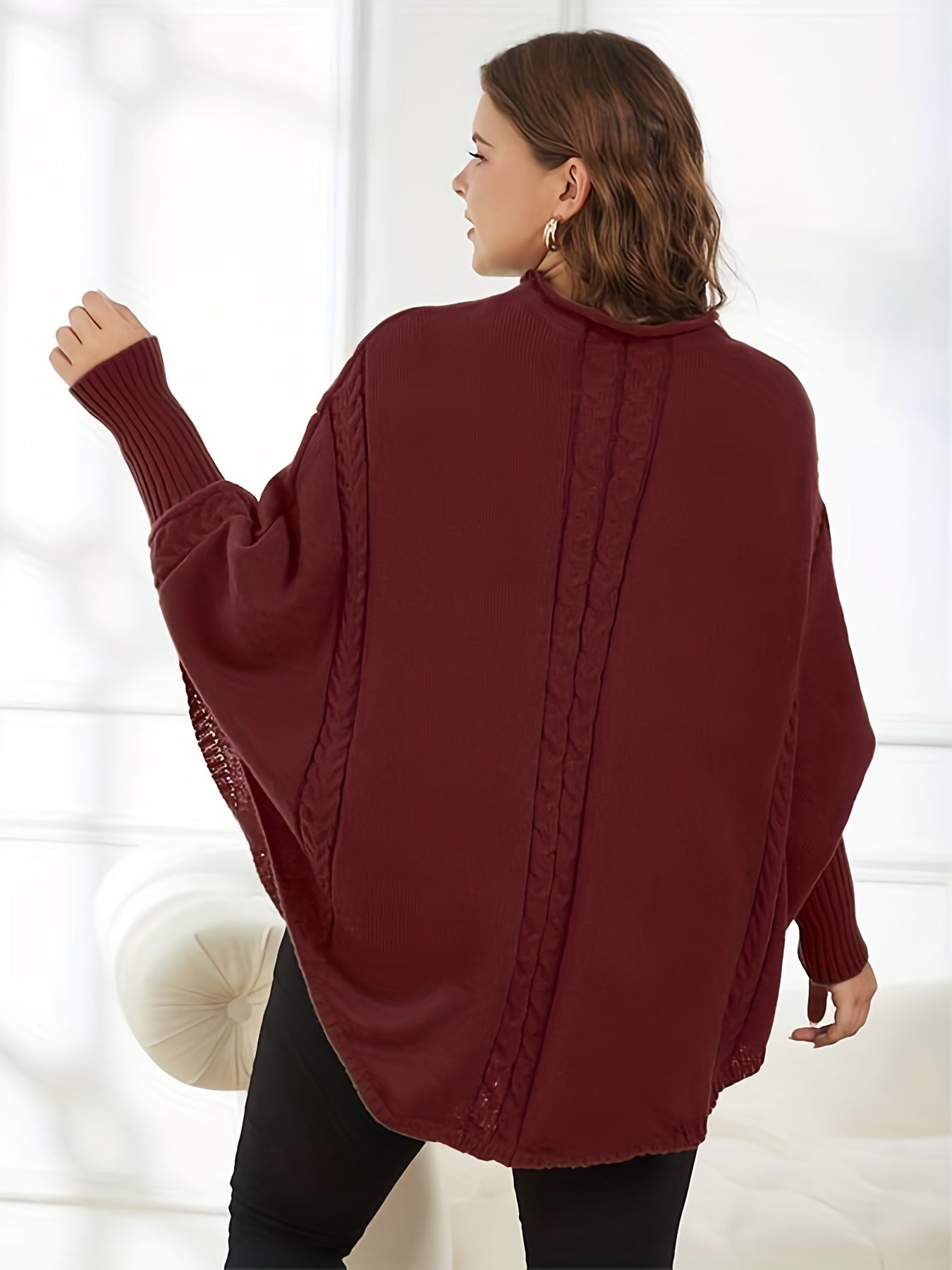 Sixsr Plus Size Casual Sweater, Women's Plus Jacquard High Neck Bat Sleeve Pullover Sweater