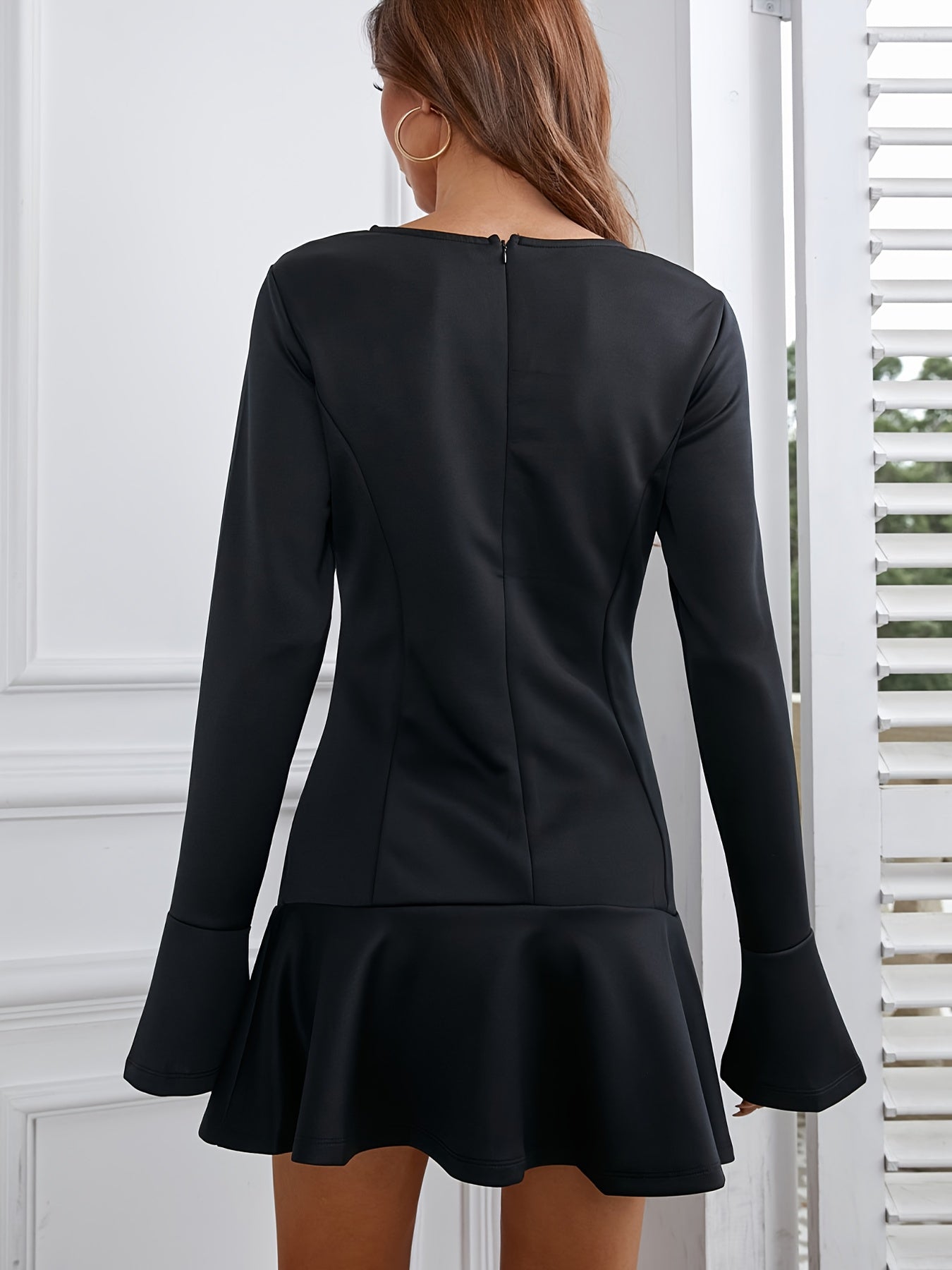 Sixsr Cut Out Ruffle Hem Dress, Elegant Crew Neck Flare Long Sleeve Dress, Women's Clothing