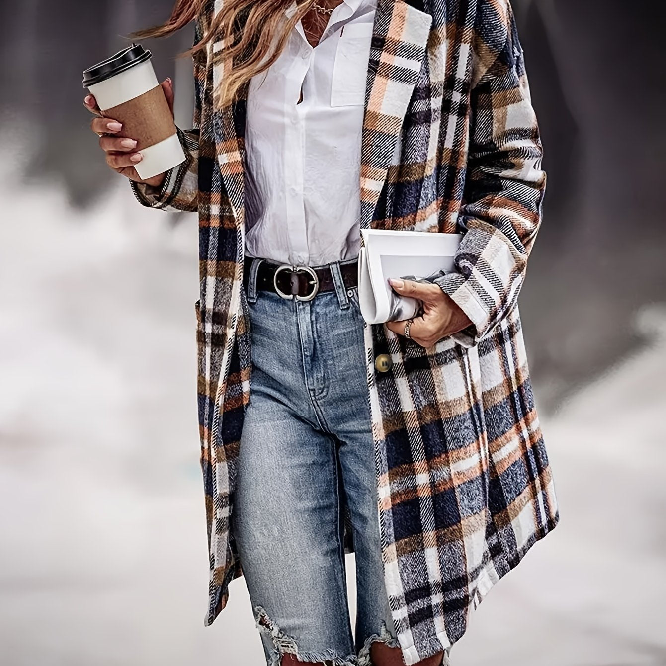 Sixsr Single Breasted Plaid Print Jacket, Casual Lapel Long Sleeve Outerwear, Women's Clothing