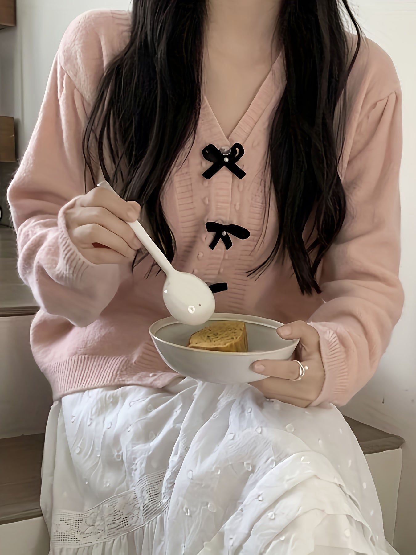Sixsr Bow Button Front Knit Cardigan, Casual Long Sleeve Sweet Sweater For Fall & Winter, Women's Clothing