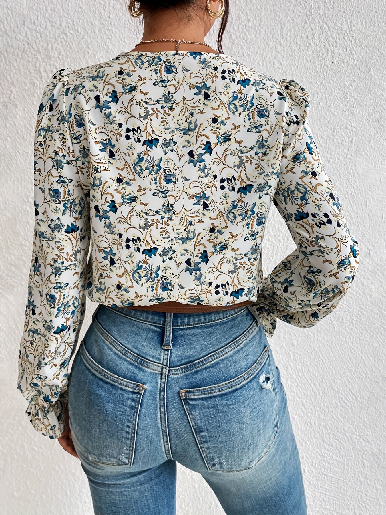 Sixsr Lace Trim Floral Print Blouse, Elegant Ruffle Trim Long Sleeve V Neck Blouse For Spring & Fall, Women's Clothing