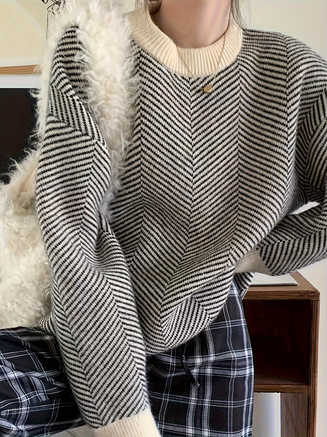 Sixsr Striped Crew Neck Pullover Sweater, Casual Long Sleeve Loose Sweater, Women's Clothing