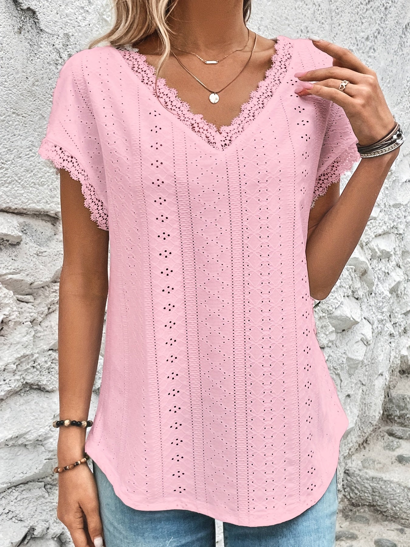 Sixsr Lace Trim Eyelet Blouse, V Neck Loose Casual Top For Spring & Summer, Women's Clothing