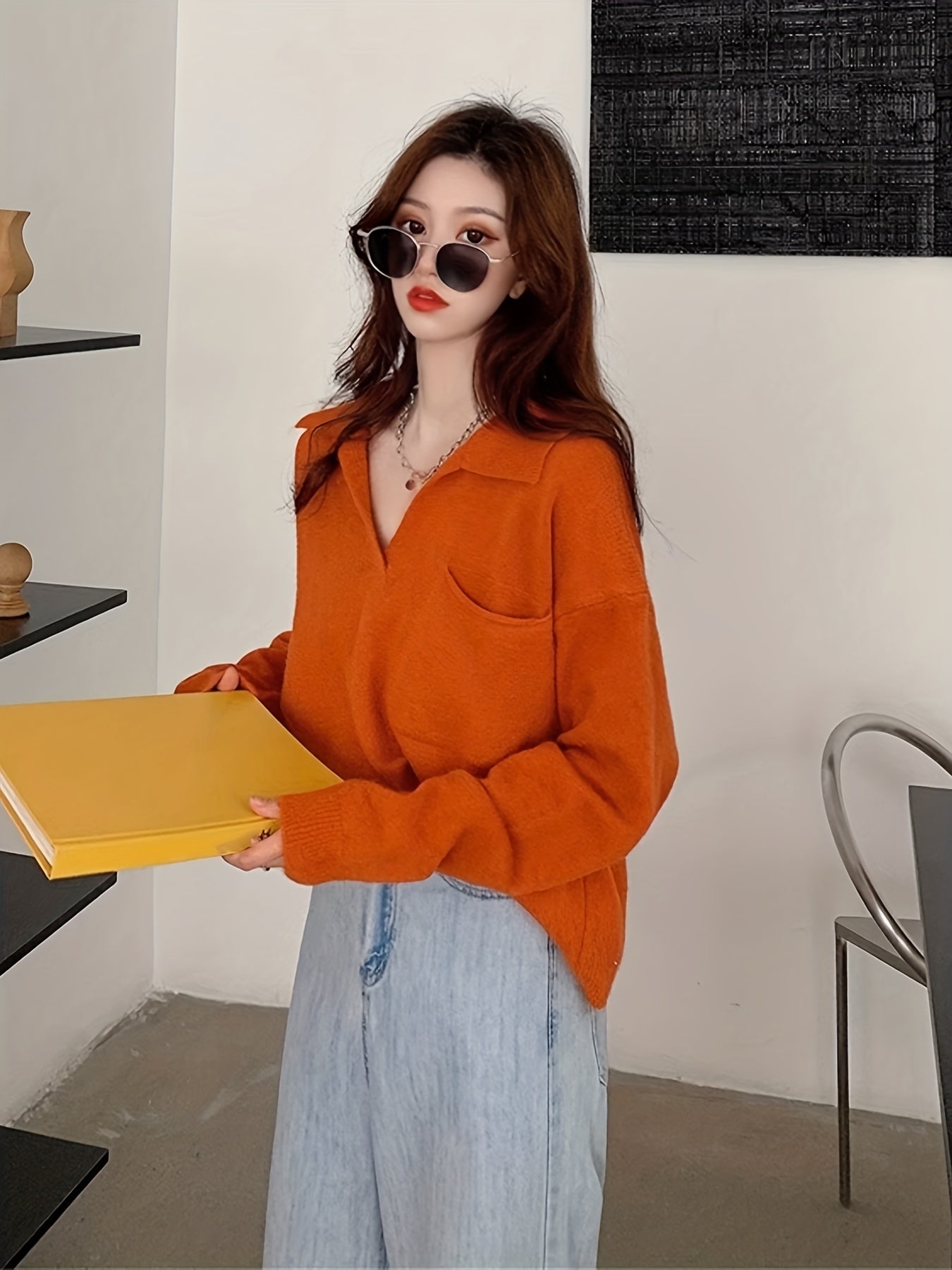 Sixsr Solid Notched Collar Pocket Sweater, Casual Long Sleeve Drop Shoulder Sweater, Women's Clothing