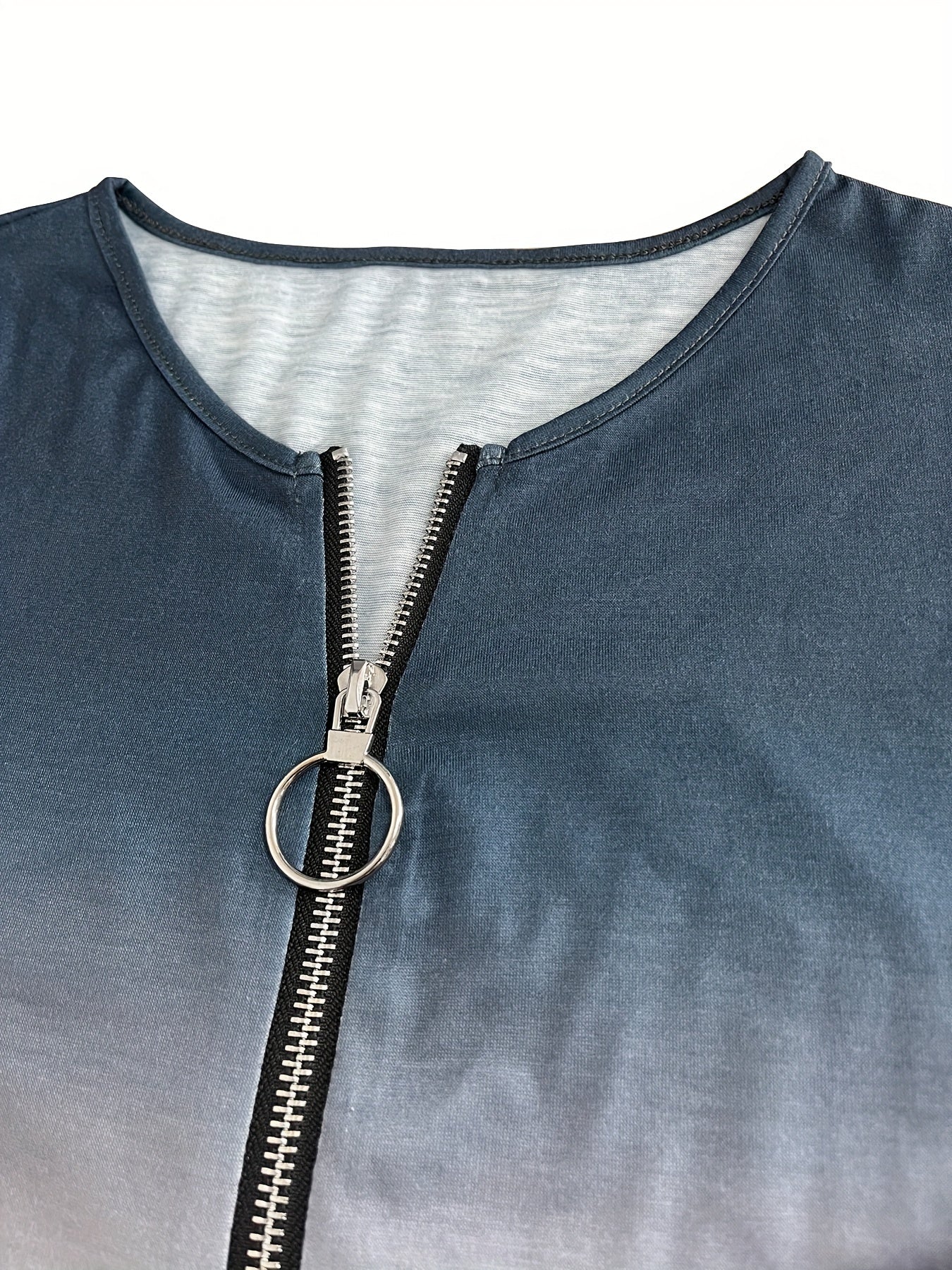 Sixsr Plus Size Casual Top, Women's Plus Ombre Print Zipper Long Sleeve Round Neck Slight Stretch Top