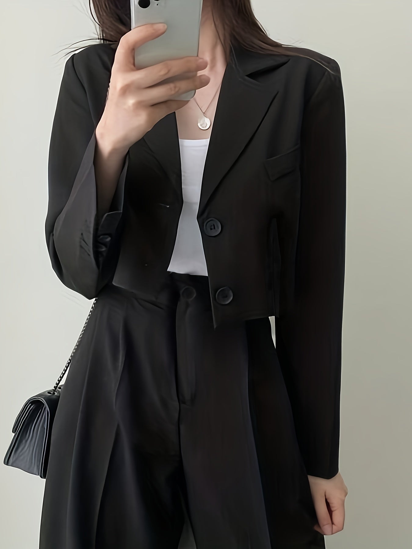 Sixsr Solid Button Front Crop Blazer, Elegant Lapel Long Sleeve Blazer For Office & Work, Women's Clothing