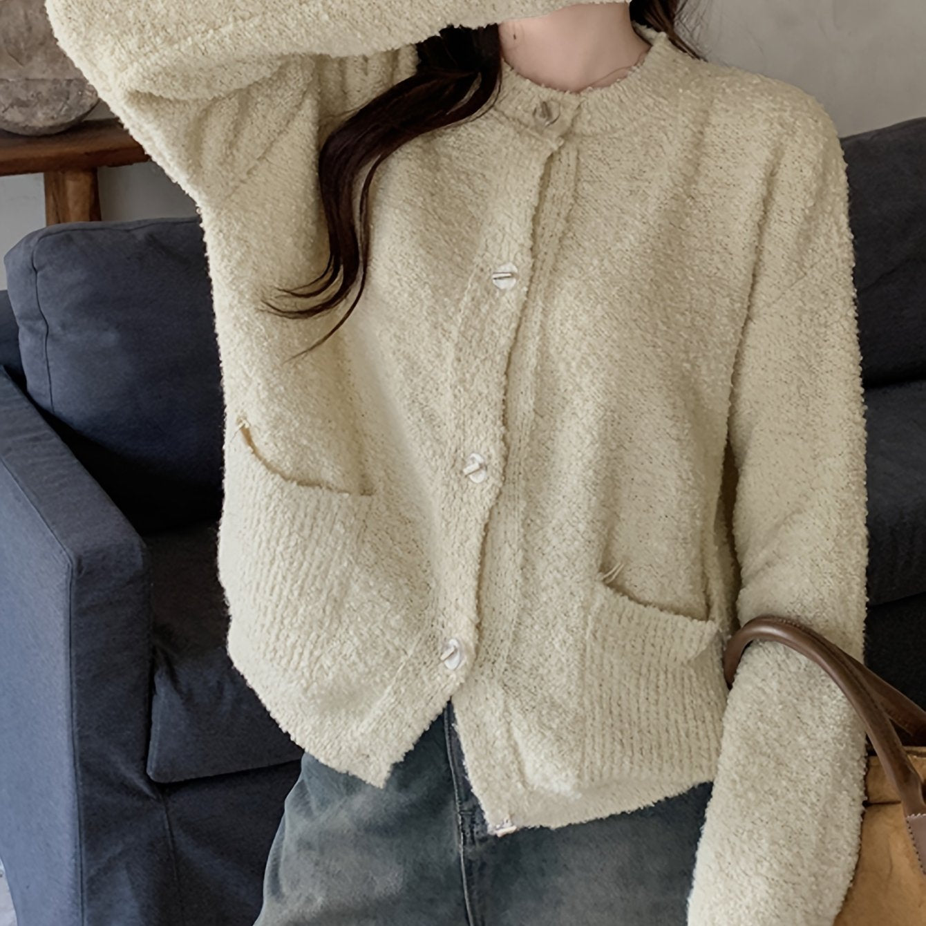 Sixsr Solid Button Up Knit Cardigan, Casual Long Sleeve Fuzzy Pocket Sweater, Women's Clothing
