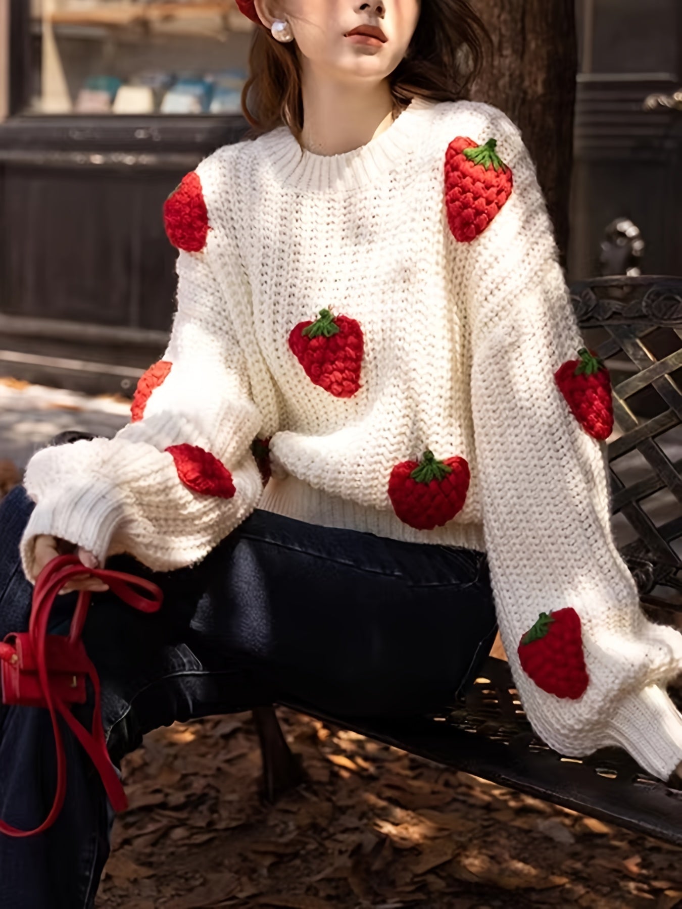 Sixsr Women's Strawberry Print Crew Neck Crochet Knit Tops, Cute Fall Winter Pullover Sweaters, Women's Clothing