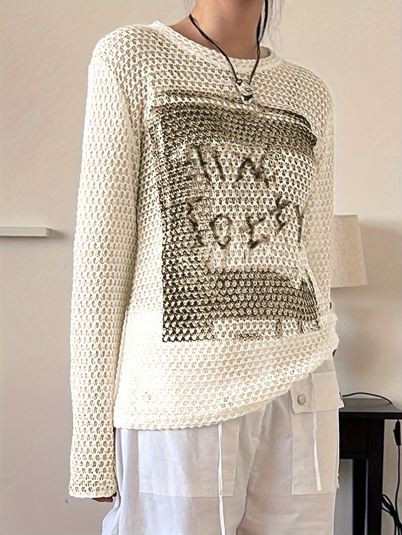 Sixsr Solid Color Crew Neck Pullover Sweater, Y2K Long Sleeve Cut Out Knitted Sweater For Fall & Spring, Women's Clothing