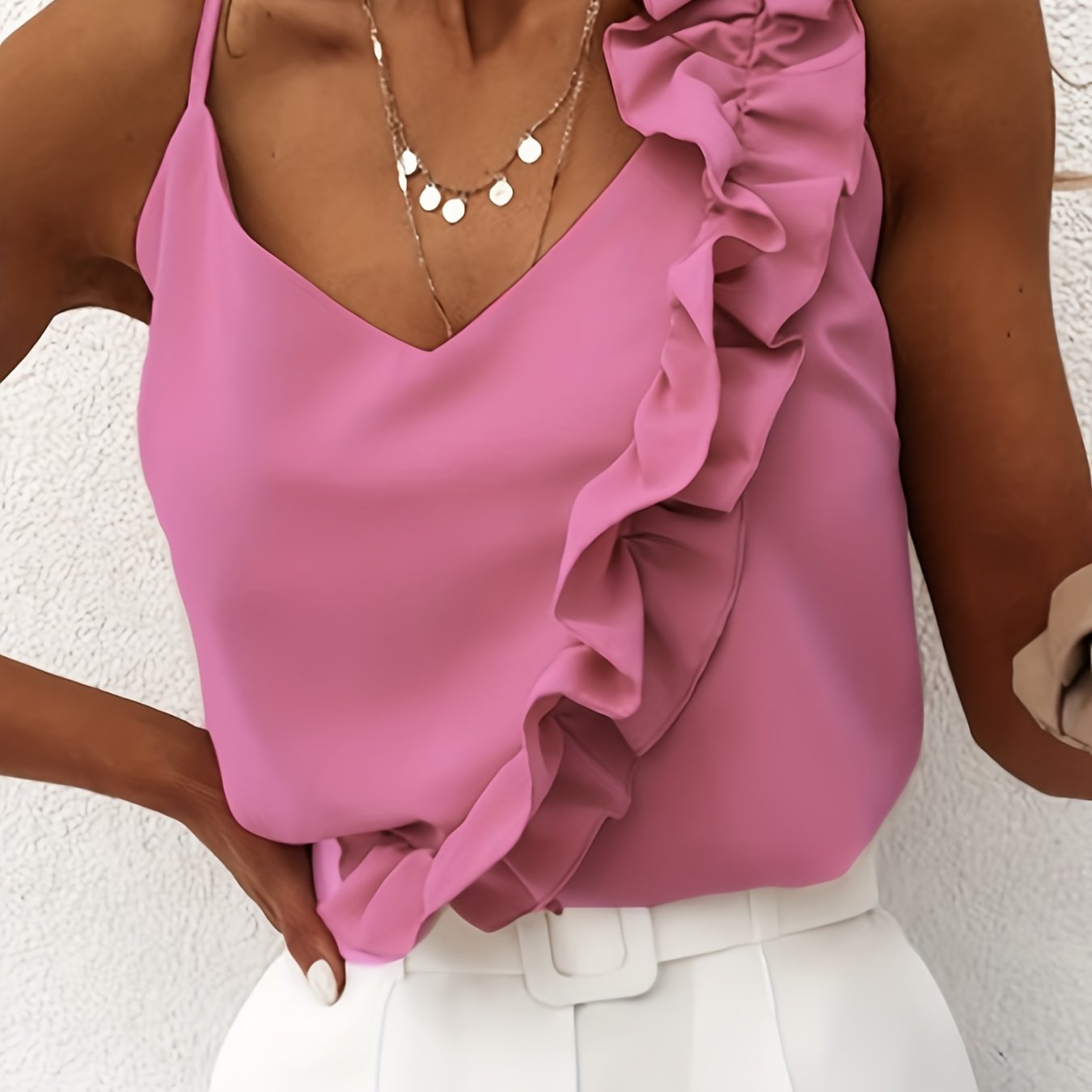 Ruffle Hem Spaghetti Strap Top, Elegant V-neck Sleeveless Cami Top For Summer, Women's Clothing