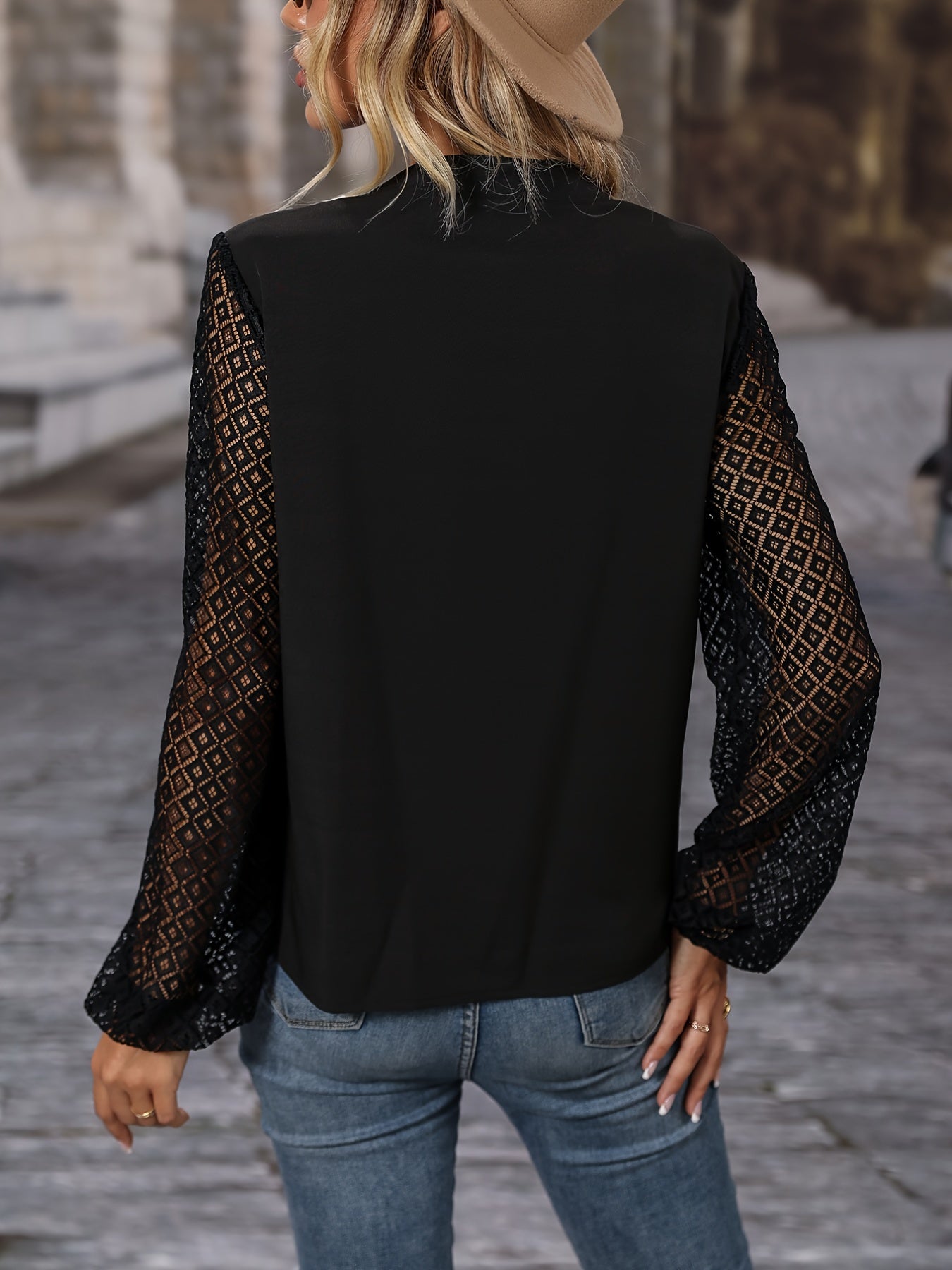 Solid Crew Neck Long Mesh Sleeve Lace Shirt, Mature Loose Hollow Out Shirt, Women's Clothing