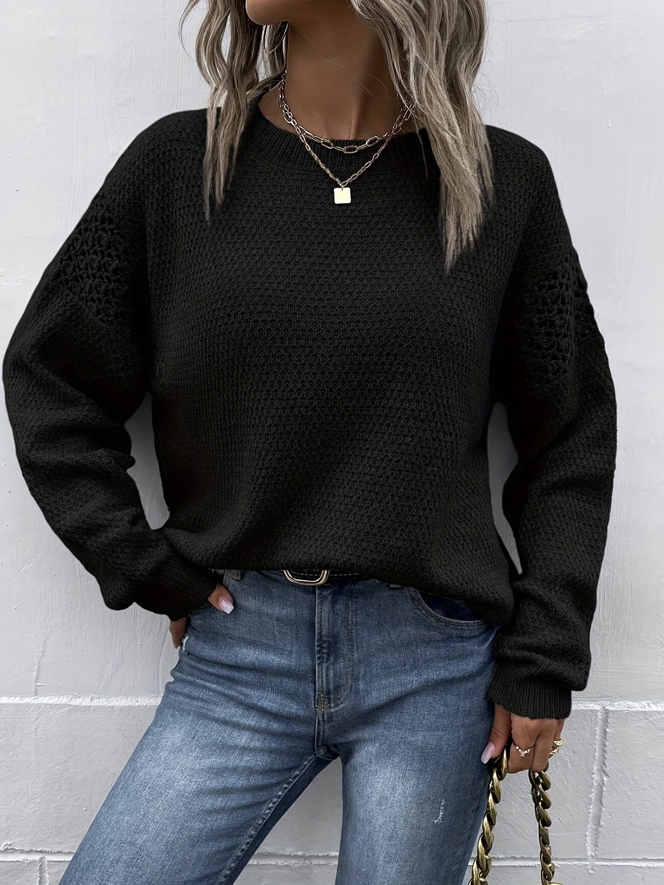 Sixsr Solid Crew Neck Pullover Sweater, Casual Long Sleeve Sweater, Women's Clothing