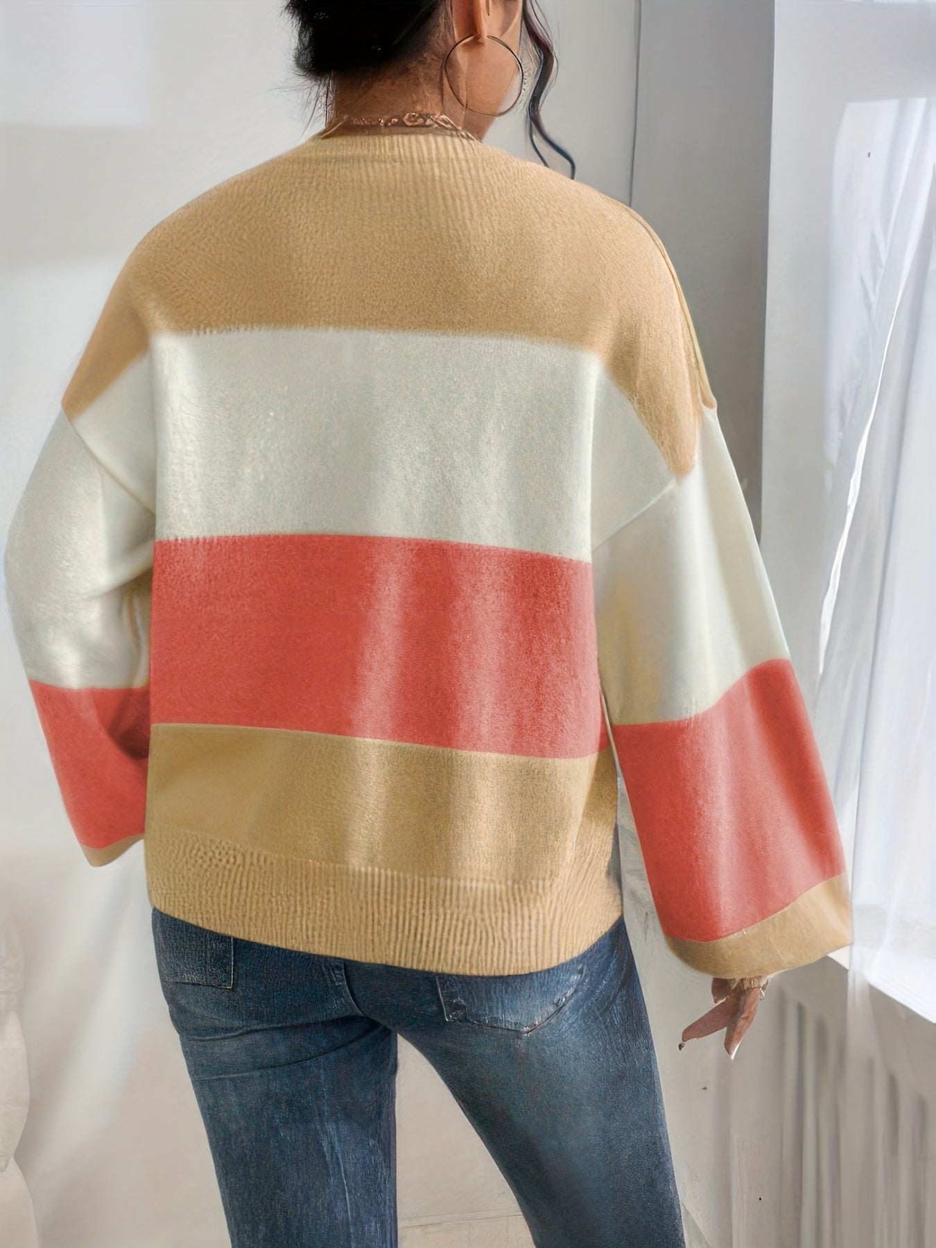 Sixsr Color Block Drop Shoulder Sweater, Casual Lantern Sleeve Pullover Knitted Top, Women's Clothing
