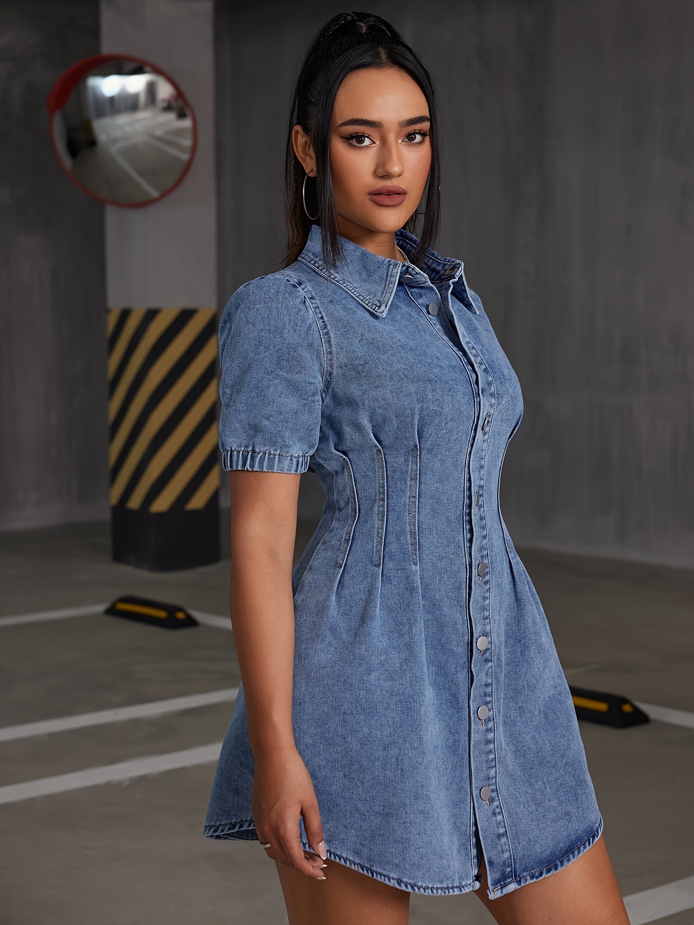 Sixsr Blue Short Sleeves Denim Dress, Single Breasted Button Elegant Lapel Denim Dress, Women's Denim Clothing