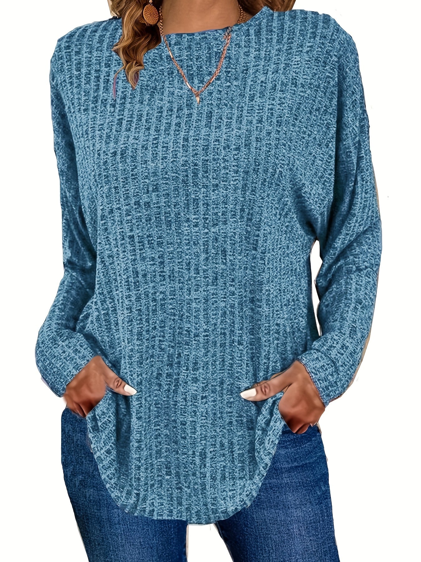 Sixsr Plus Size Casual Sweater, Women's Plus Solid Ribbed Long Sleeve Round Neck Knit Top